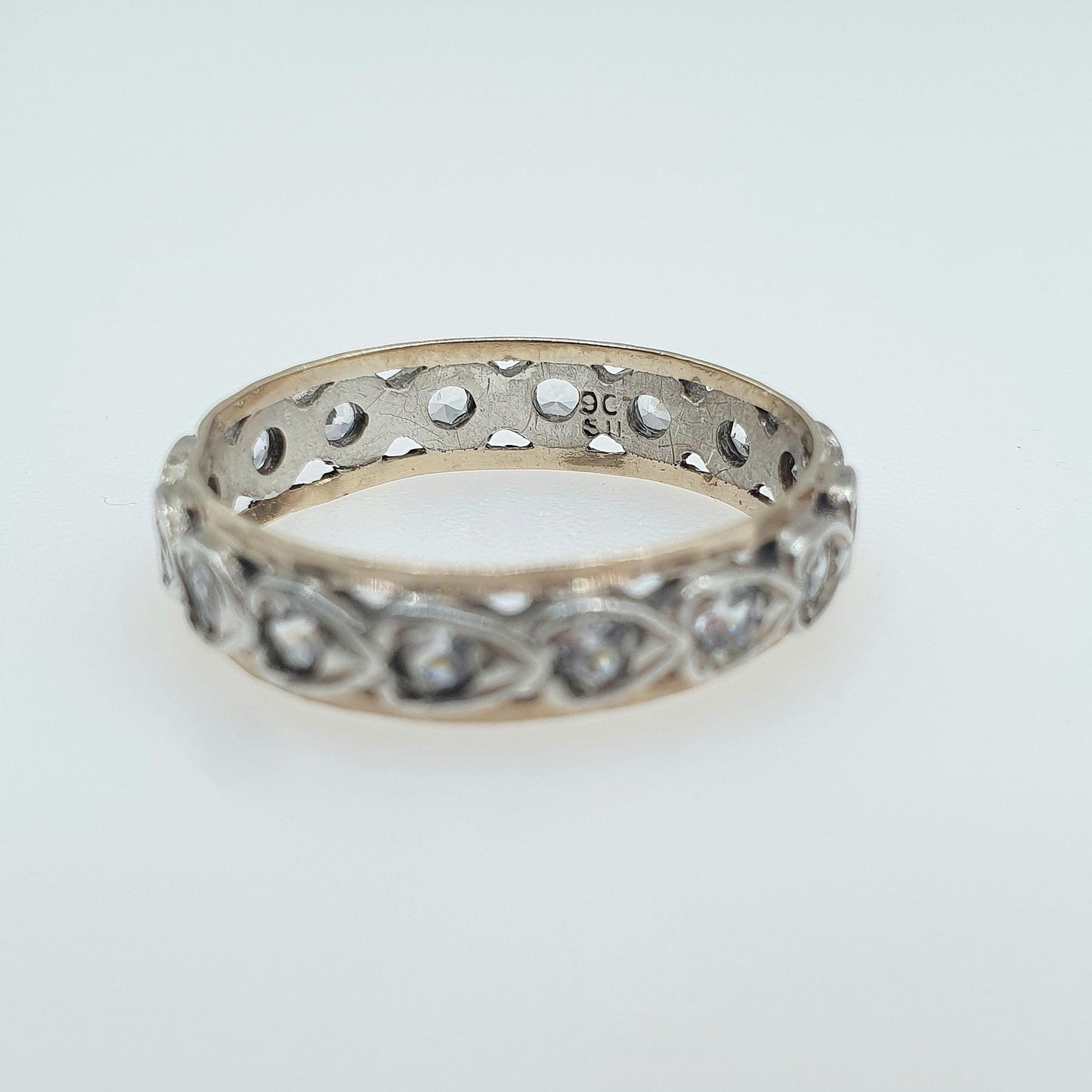 Antique 9ct Gold & Silver Eternity Ring White Spinel Heart Pattern Art Deco Love Gift Womens Jewelry Jewellery UK P.5 or US 8