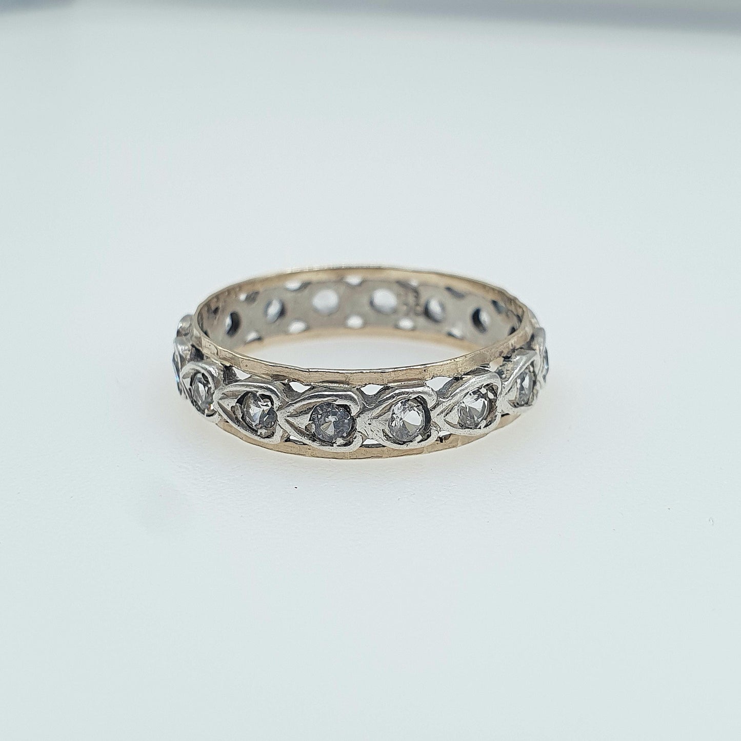Antique 9ct Gold & Silver Eternity Ring White Spinel Heart Pattern Art Deco Love Gift Womens Jewelry Jewellery UK P.5 or US 8