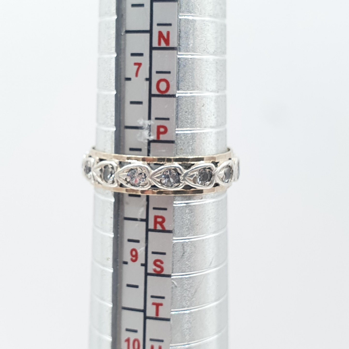 Antique 9ct Gold & Silver Eternity Ring White Spinel Heart Pattern Art Deco Love Gift Womens Jewelry Jewellery UK P.5 or US 8