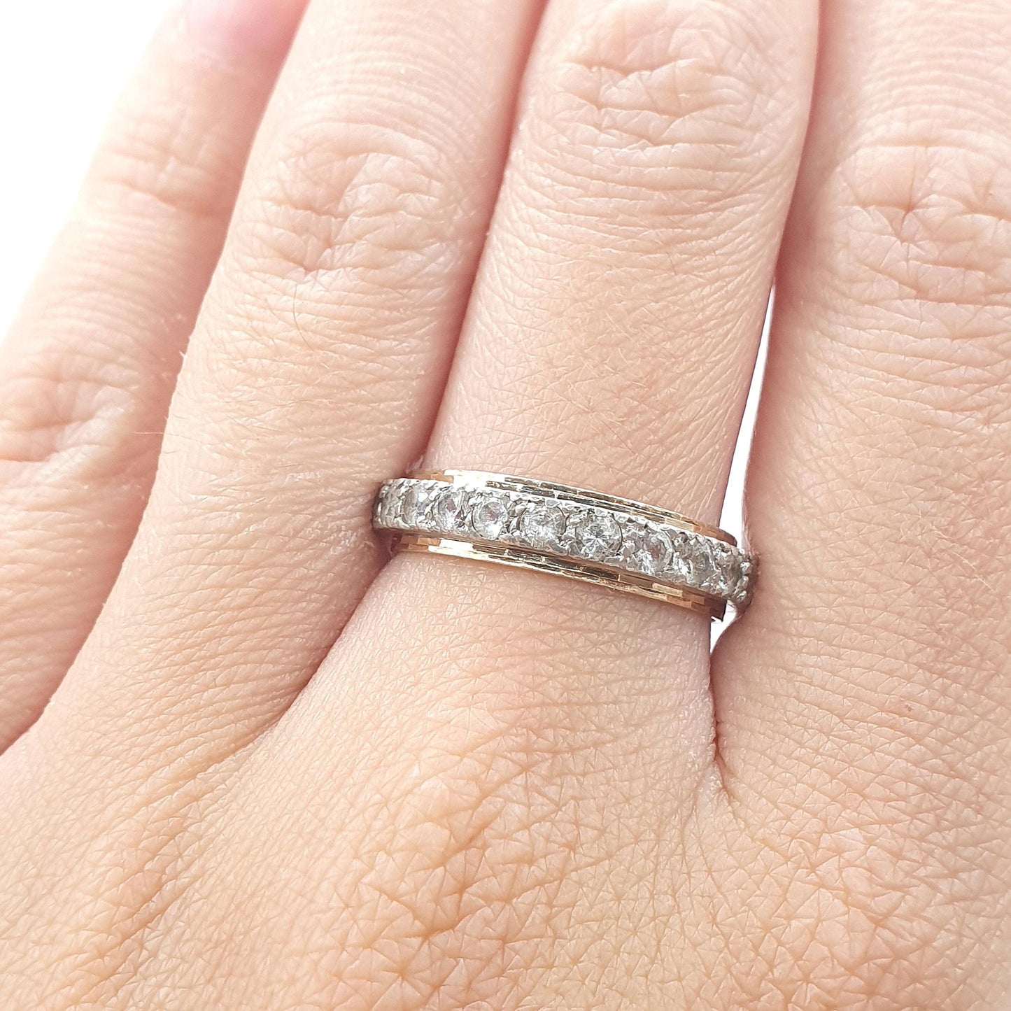 Antique 9ct Gold & Silver Eternity Ring White Spinel Dimpled Pattern Art Deco Love Gift Vintage Womens Jewelry Jewellery UK R or US 8.5