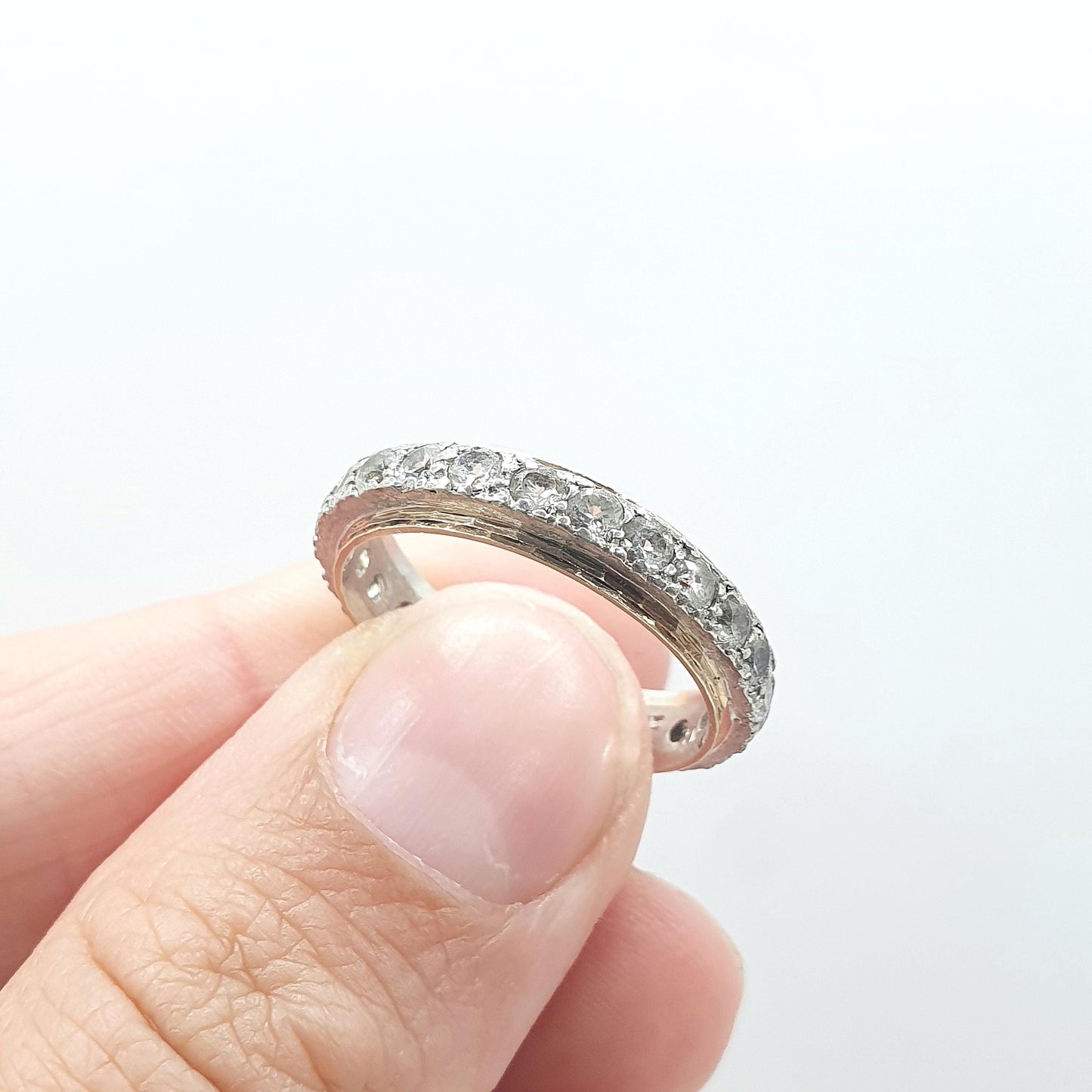 Antique 9ct Gold & Silver Eternity Ring White Spinel Dimpled Pattern Art Deco Love Gift Vintage Womens Jewelry Jewellery UK R or US 8.5