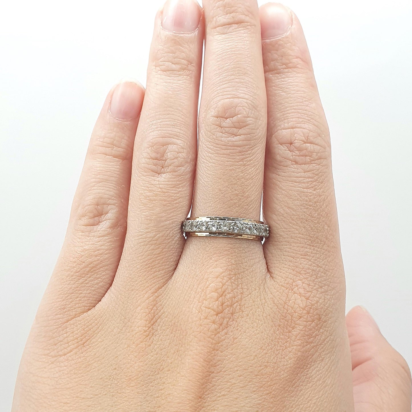 Antique 9ct Gold & Silver Eternity Ring White Spinel Dimpled Pattern Art Deco Love Gift Vintage Womens Jewelry Jewellery UK R or US 8.5