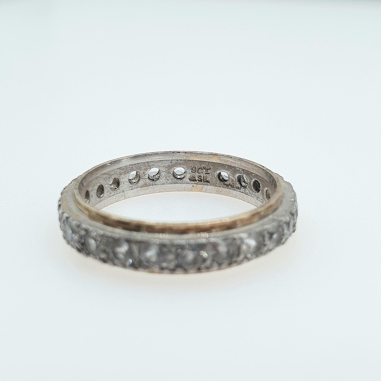 Antique 9ct Gold & Silver Eternity Ring White Spinel Dimpled Pattern Art Deco Love Gift Vintage Womens Jewelry Jewellery UK R or US 8.5