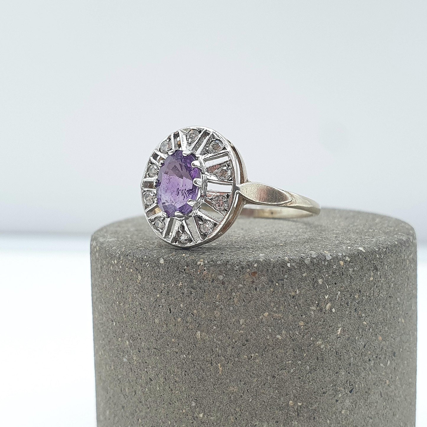 Vintage Gold on Sterling Silver Amethyst Ring CZ Halo Border Sparkly Retro Jewelry Jewellery UKR US 8.5