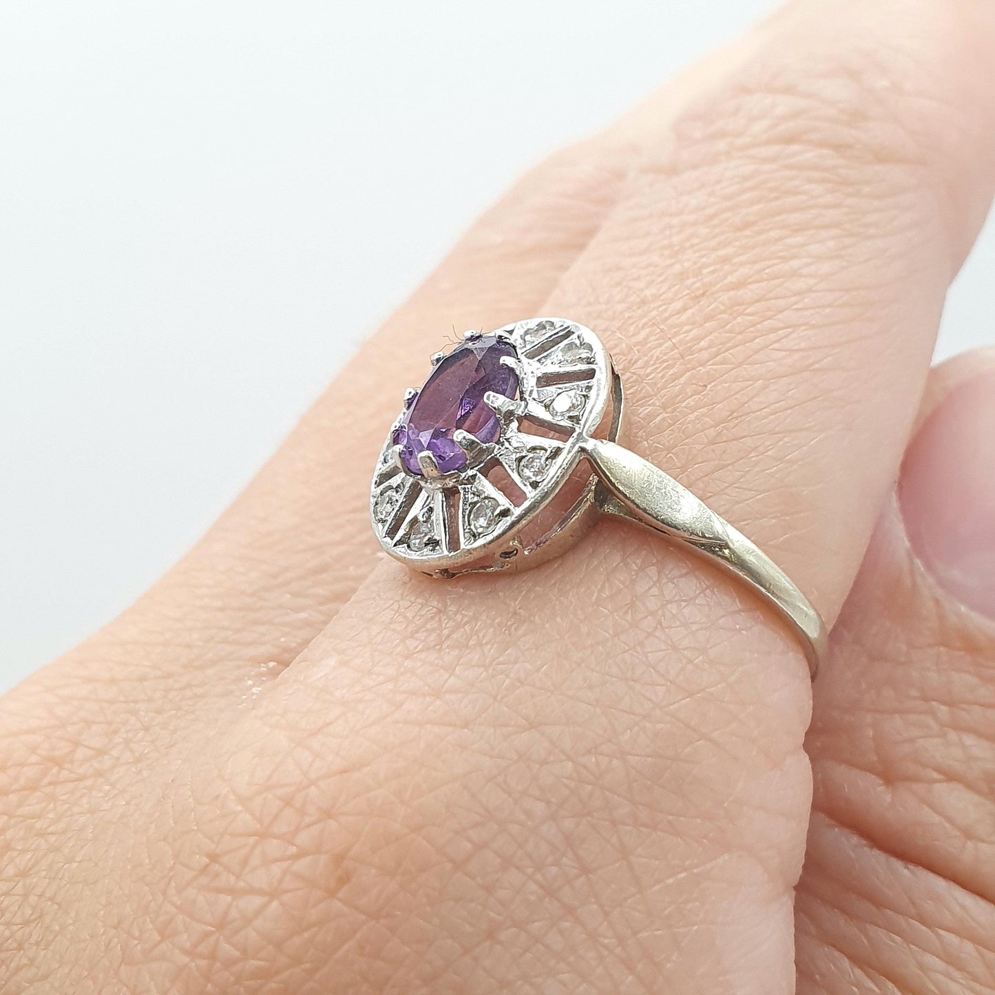 Vintage Gold on Sterling Silver Amethyst Ring CZ Halo Border Sparkly Retro Jewelry Jewellery UKR US 8.5