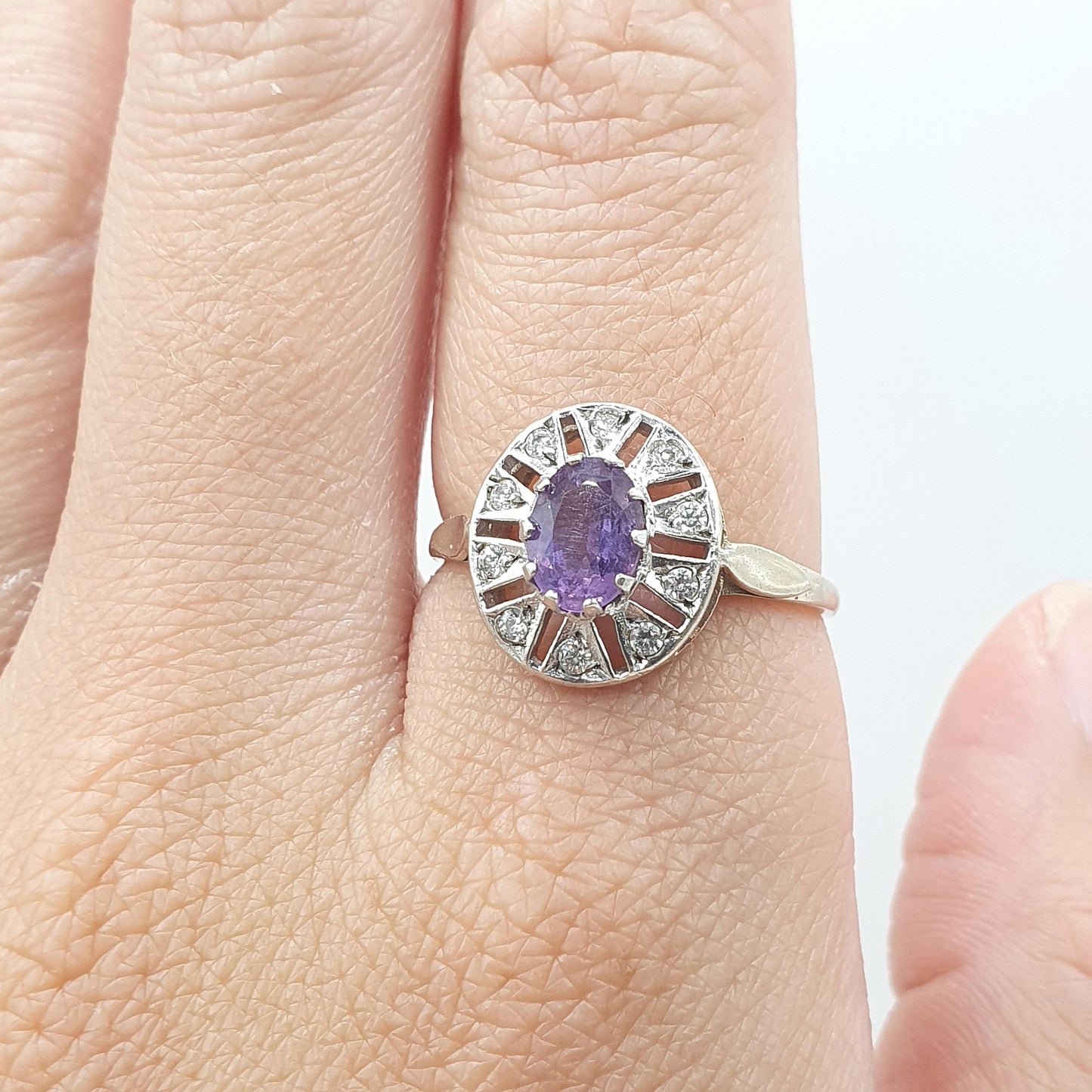 Vintage Gold on Sterling Silver Amethyst Ring CZ Halo Border Sparkly Retro Jewelry Jewellery UKR US 8.5