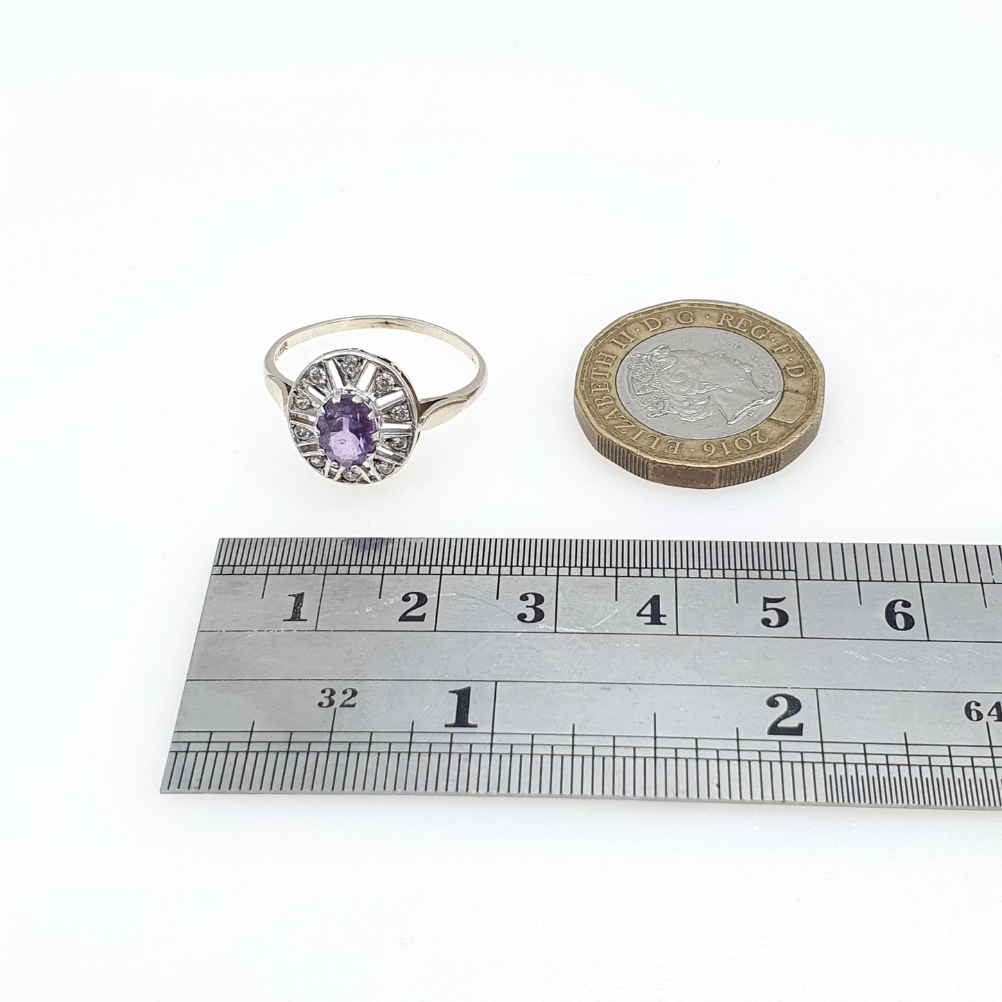 Vintage Gold on Sterling Silver Amethyst Ring CZ Halo Border Sparkly Retro Jewelry Jewellery UKR US 8.5