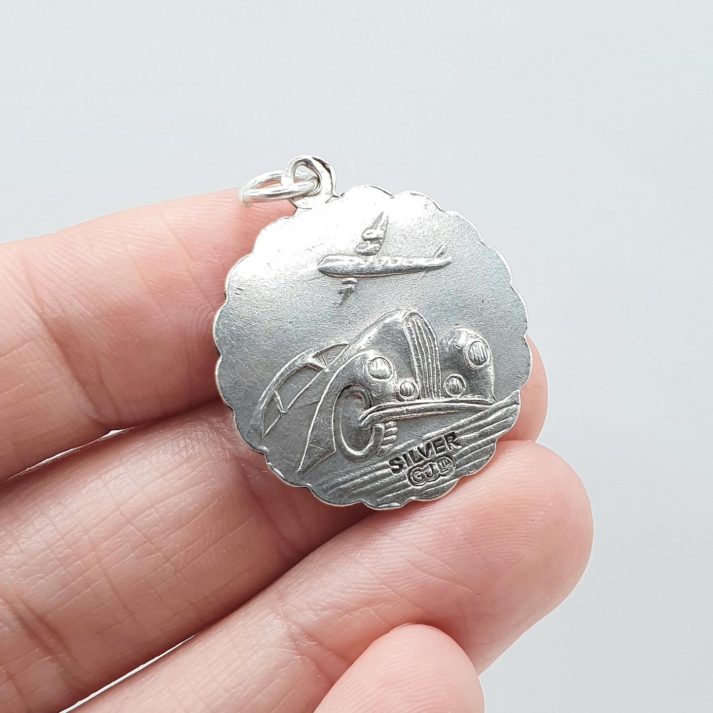 Vintage GEORG JENSEN Sterling Silver St Christopher Pendant Double Sided Plane Car Plane Car Charm Womens Mens Unisex