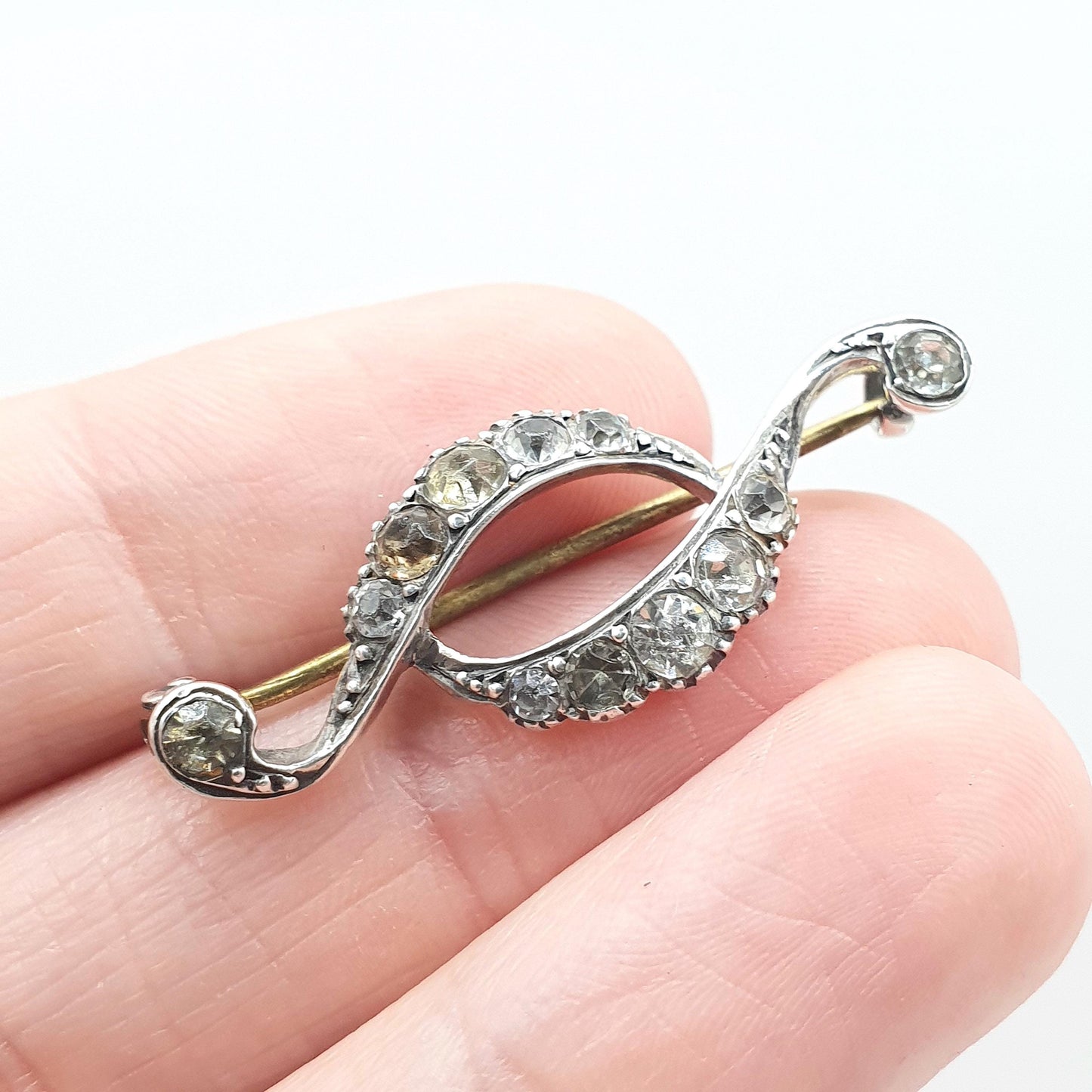 Antique Solid Silver Diamond Paste Brooch Ellipse Scroll Eye Shape  Victorian Vintage Foiled Glass Jewelry Jewellery