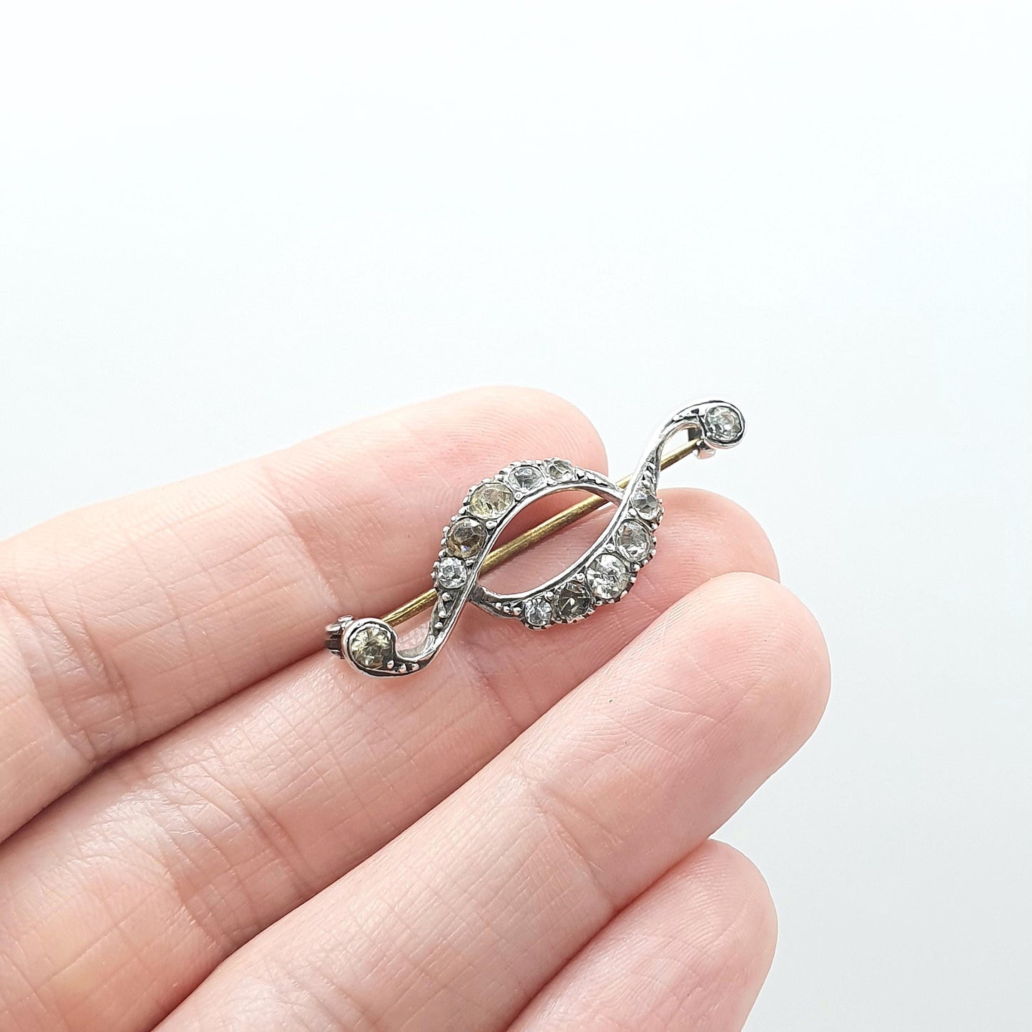 Antique Solid Silver Diamond Paste Brooch Ellipse Scroll Eye Shape  Victorian Vintage Foiled Glass Jewelry Jewellery