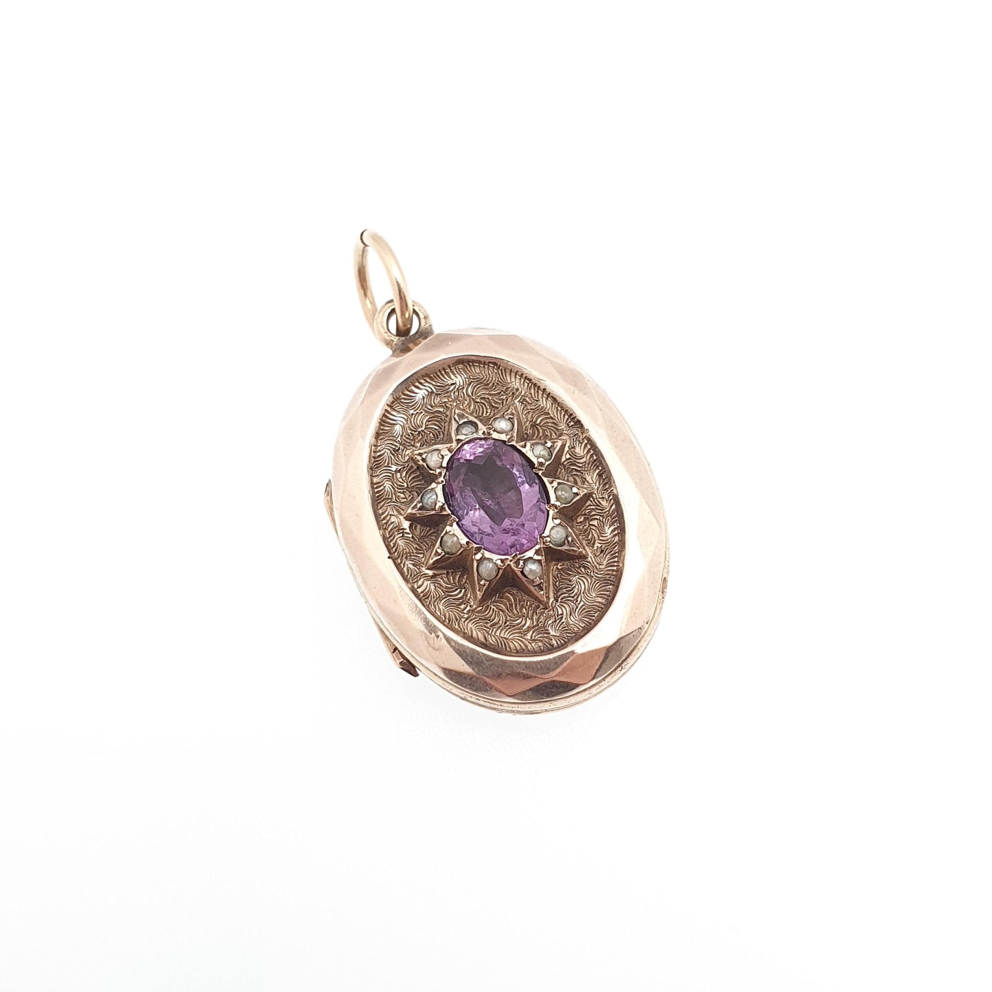 Antique 9ct 9k Gold Amethyst Star Locket Seed Pearl Back Front Oval Pendant Picture Photo Vintage Jewelry Jewellery