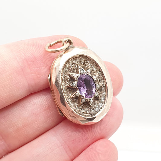 Antique 9ct 9k Gold Amethyst Star Locket Seed Pearl Back Front Oval Pendant Picture Photo Vintage Jewelry Jewellery