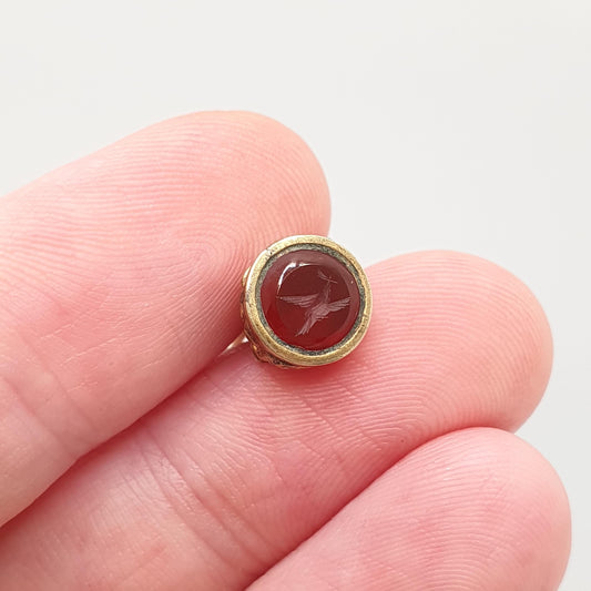 Antique Georgian Bird Intaglio Fob Necklace Pendant Dove of Peace Gold Tone Carnelian Letter Seal Stamp Tiny Small Vintage