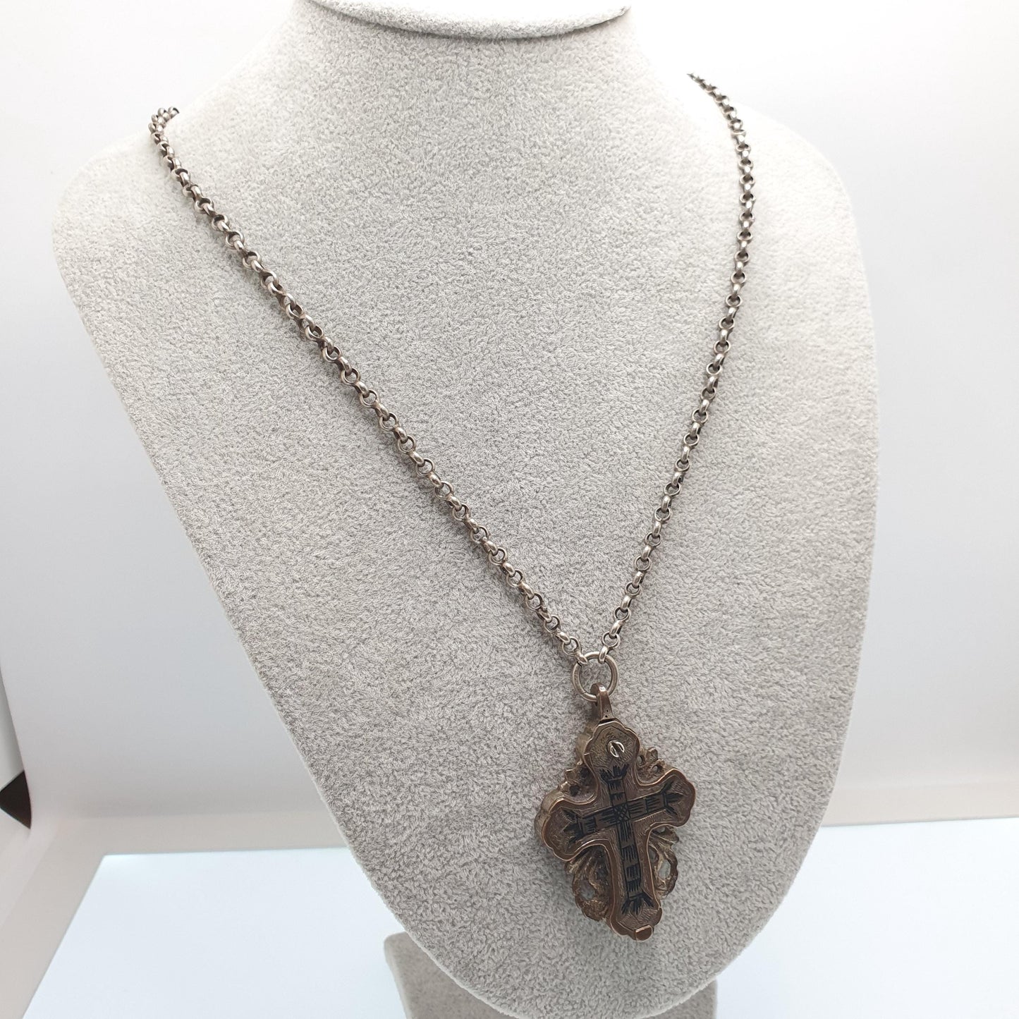 Antique Georgian Relic Crucifix Necklace Pendant Reliquary Cross Jesus Silver Tone Niello Opening Locket Vintage Jewelry Jewellery