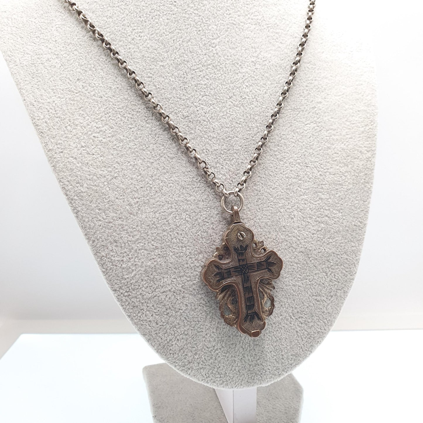 Antique Georgian Relic Crucifix Necklace Pendant Reliquary Cross Jesus Silver Tone Niello Opening Locket Vintage Jewelry Jewellery