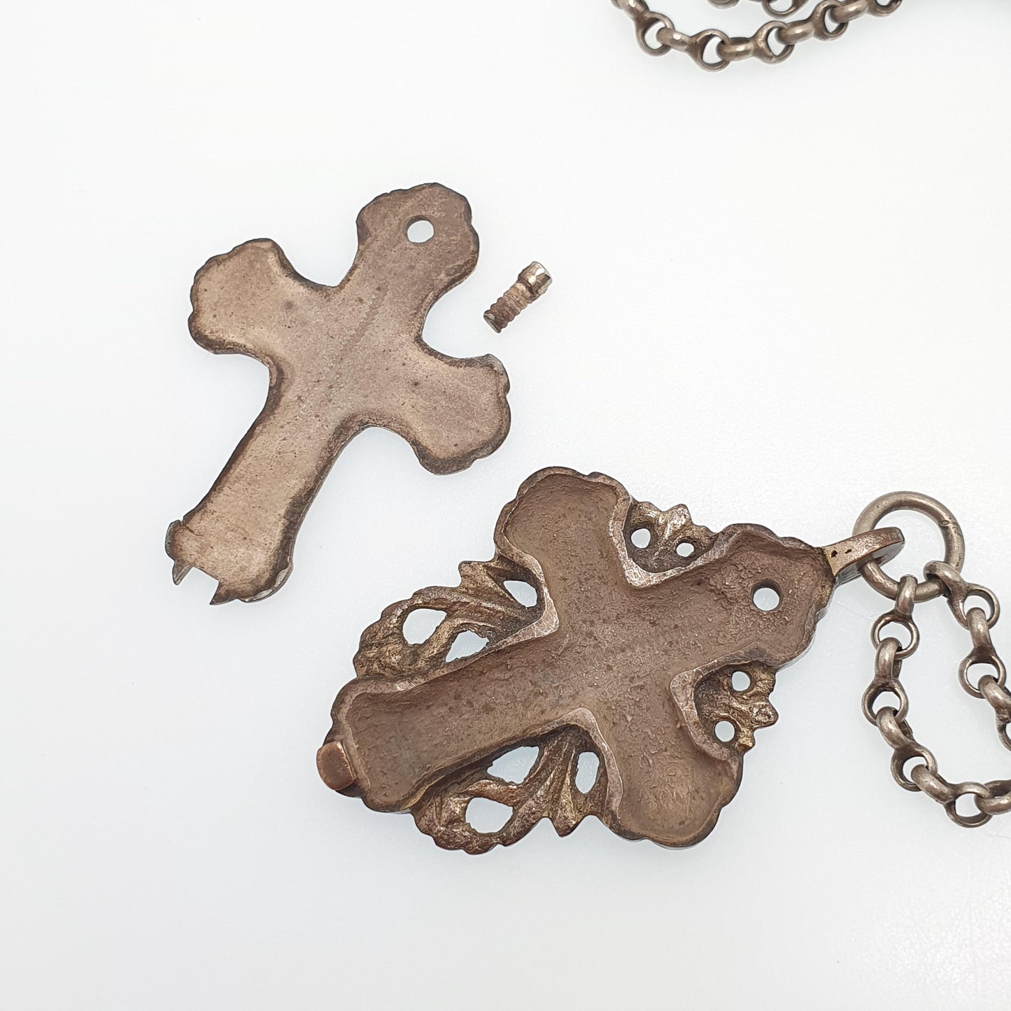 Antique Georgian Relic Crucifix Necklace Pendant Reliquary Cross Jesus Silver Tone Niello Opening Locket Vintage Jewelry Jewellery