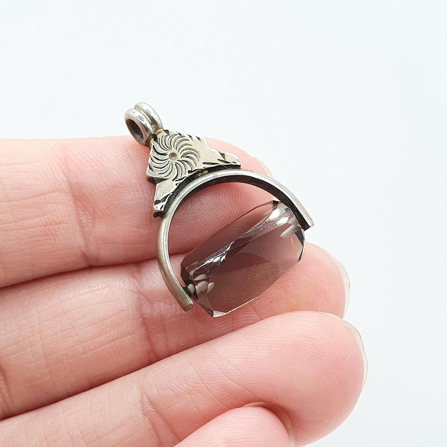 Antique Victorian Smoky Quartz Spinner Fob Pendant Silver Tone Base Metal Genuine Gemstone Necklace Vintage Albert Jewellery Jewelry