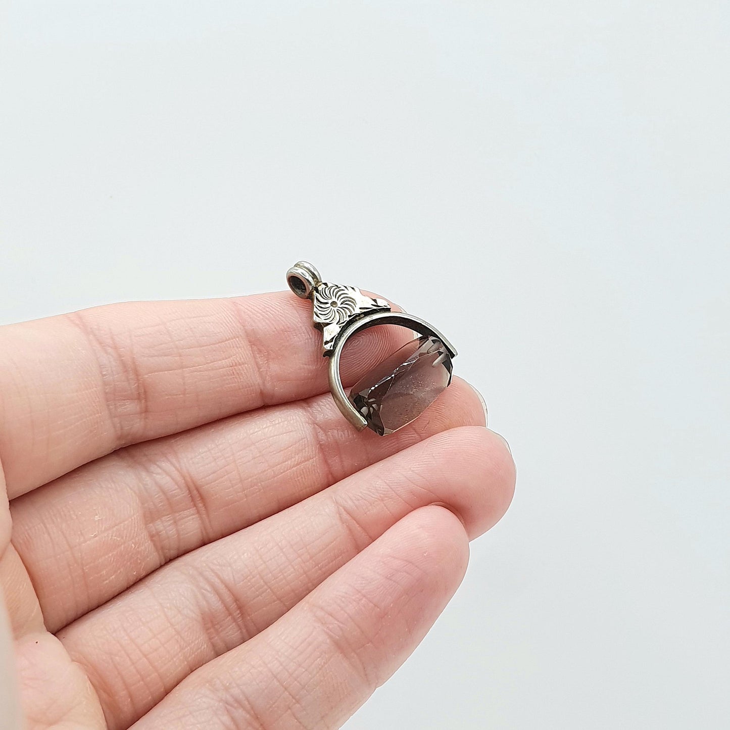 Antique Victorian Smoky Quartz Spinner Fob Pendant Silver Tone Base Metal Genuine Gemstone Necklace Vintage Albert Jewellery Jewelry