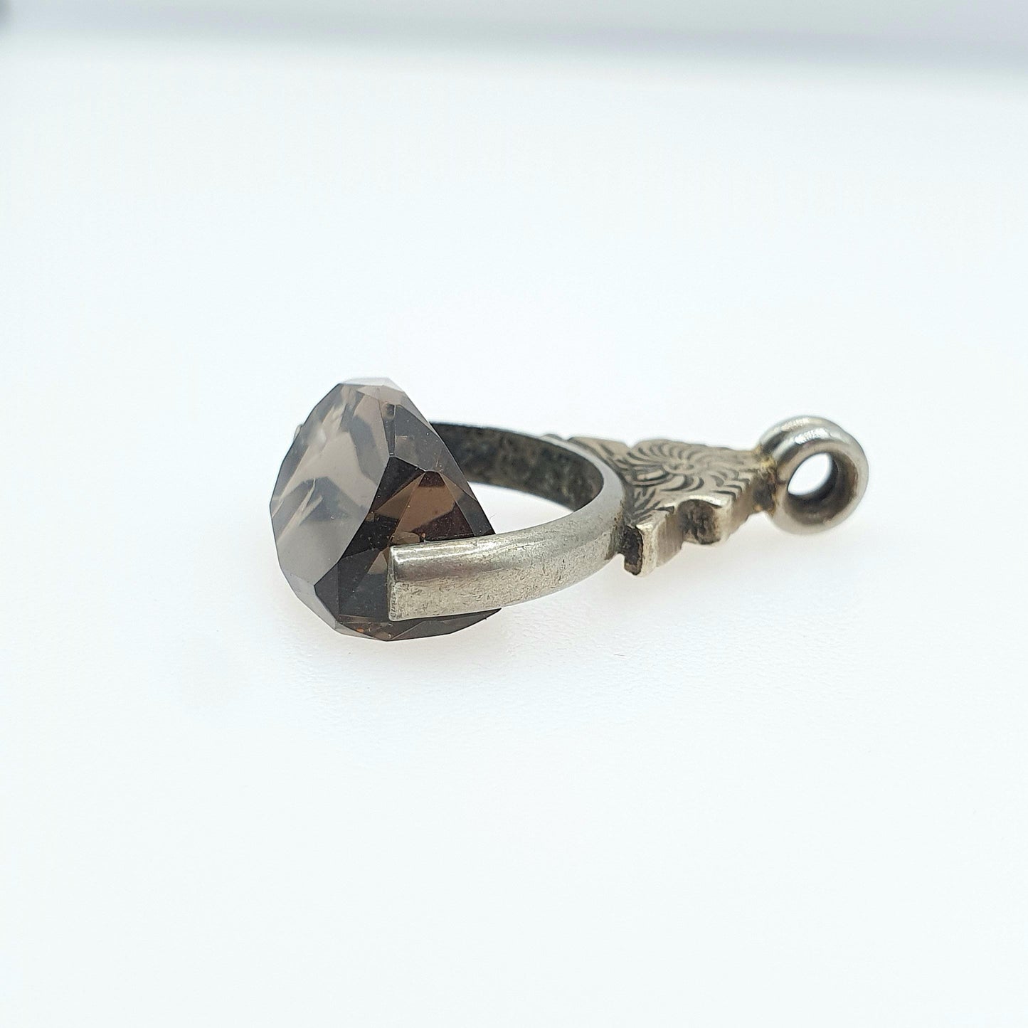 Antique Victorian Smoky Quartz Spinner Fob Pendant Silver Tone Base Metal Genuine Gemstone Necklace Vintage Albert Jewellery Jewelry