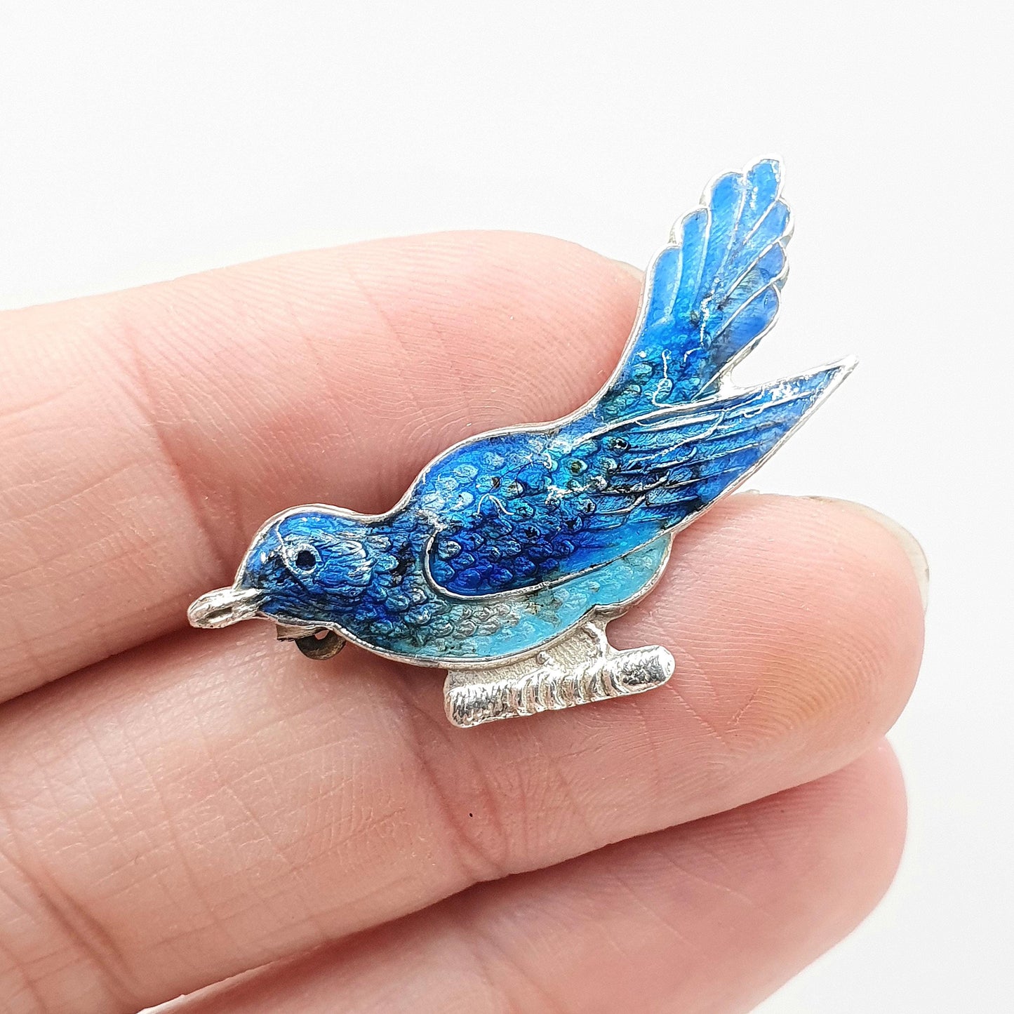 Antique Solid Silver Blue Enamel Bird Brooch Sweet Animal Gift Swallow Perch Womens Rare Vintage Jewelry Jewellery Mens