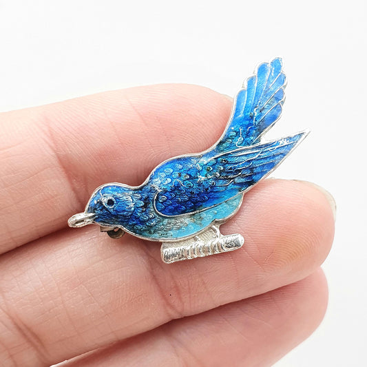 Antique Solid Silver Blue Enamel Bird Brooch Sweet Animal Gift Swallow Perch Womens Rare Vintage Jewelry Jewellery Mens