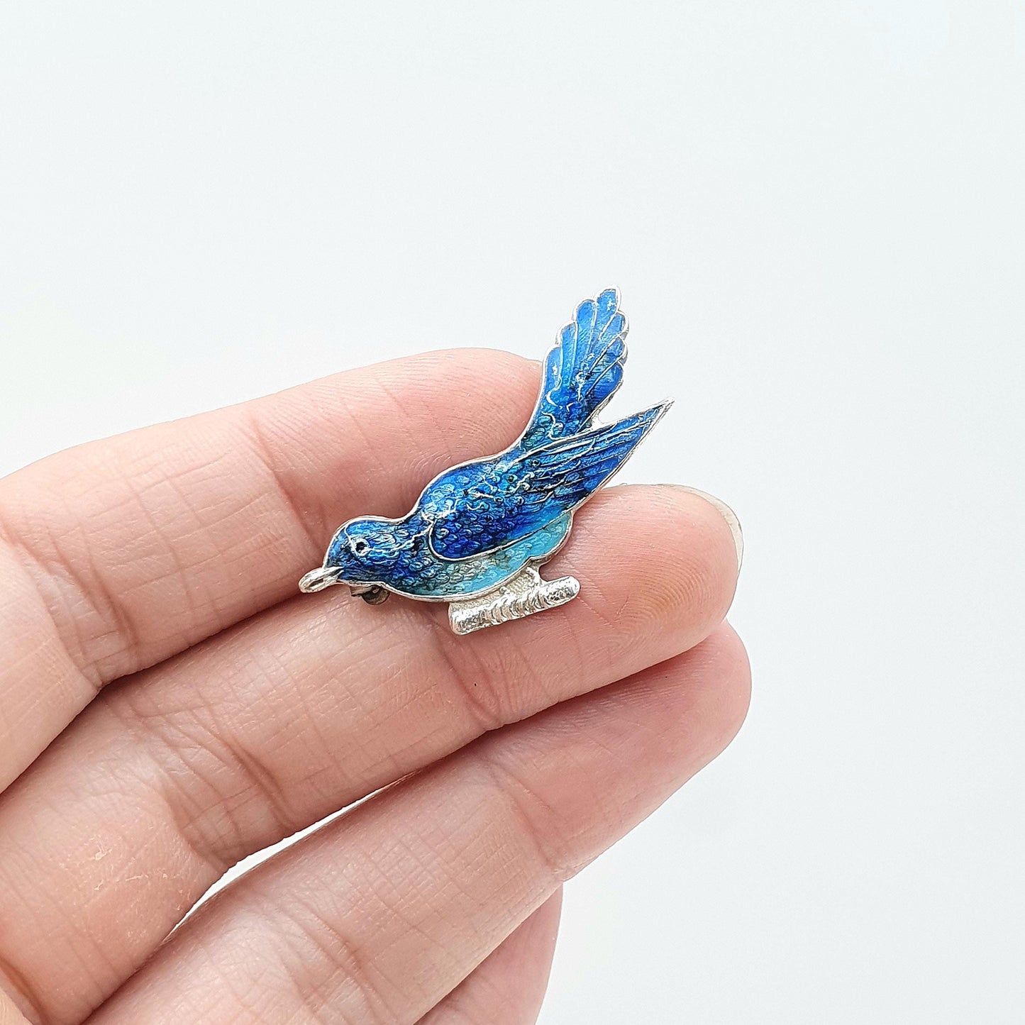 Antique Solid Silver Blue Enamel Bird Brooch Sweet Animal Gift Swallow Perch Womens Rare Vintage Jewelry Jewellery Mens