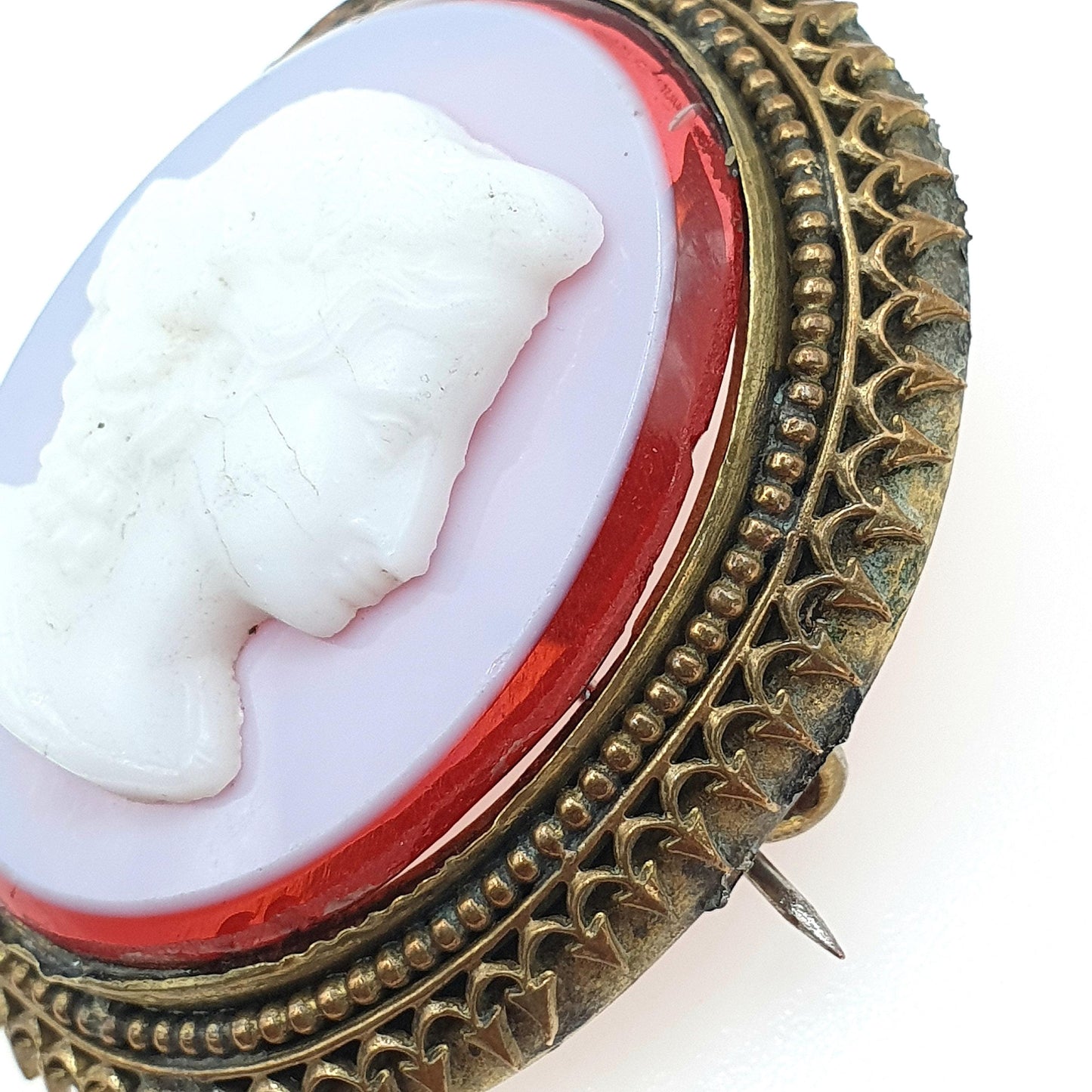 Antique Victorian Faux Sardonyx Cameo Brooch Gold Tone Base Metal Glass 1800s Large Big Vintage Jewelry Womens Jewellery