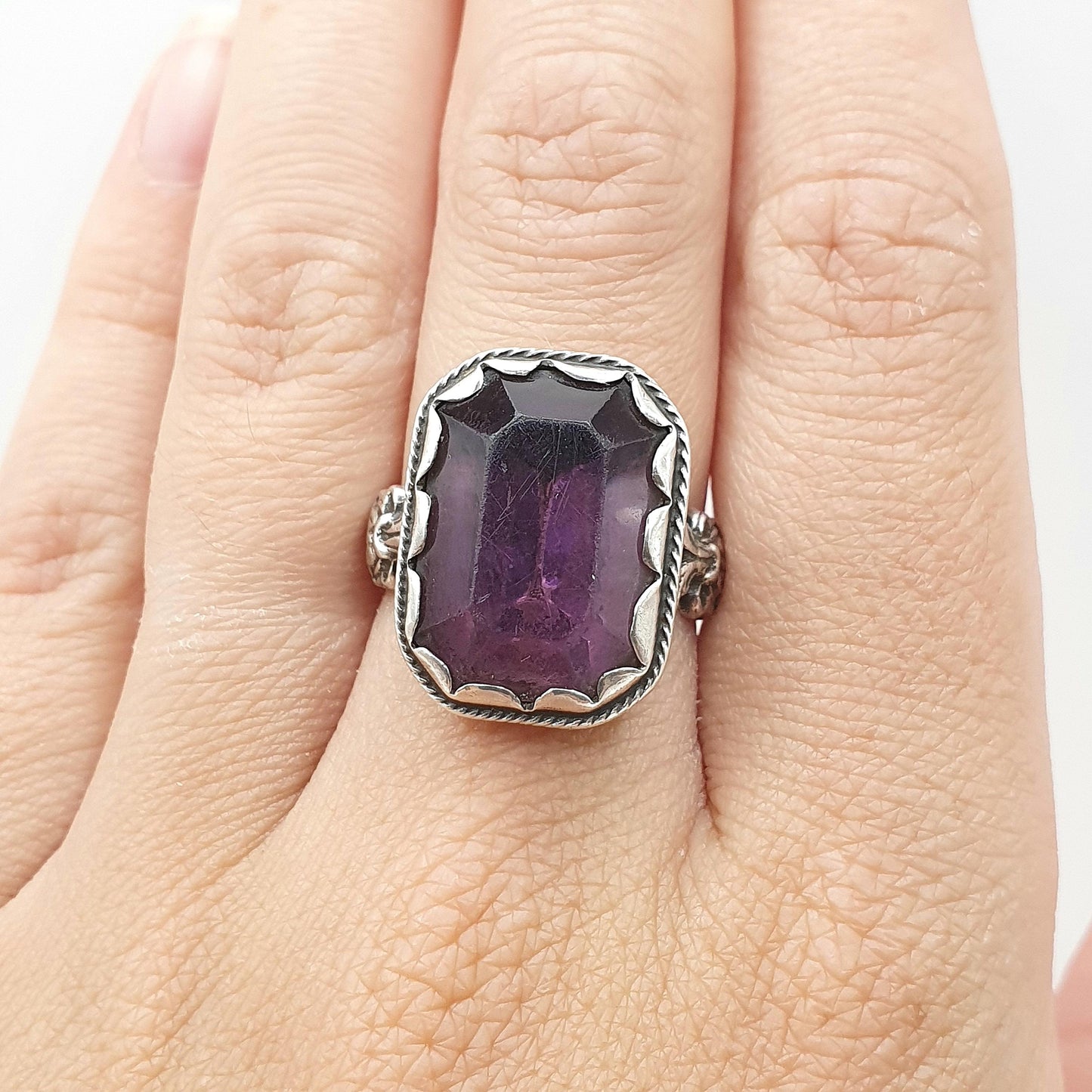 Antique Victorian Amethyst Paste Solid Silver Ring Chunky Rectangular Cut Lilac Purple Glass Womens Jewelry Vintage Jewellery UK O US 7.25