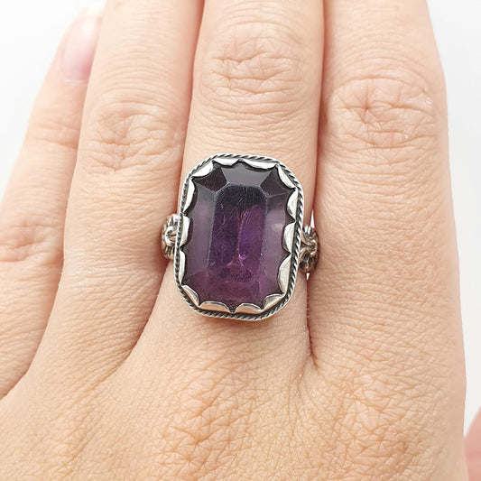 Antique Victorian Amethyst Paste Solid Silver Ring Chunky Rectangular Cut Lilac Purple Glass Womens Jewelry Vintage Jewellery UK O US 7.25