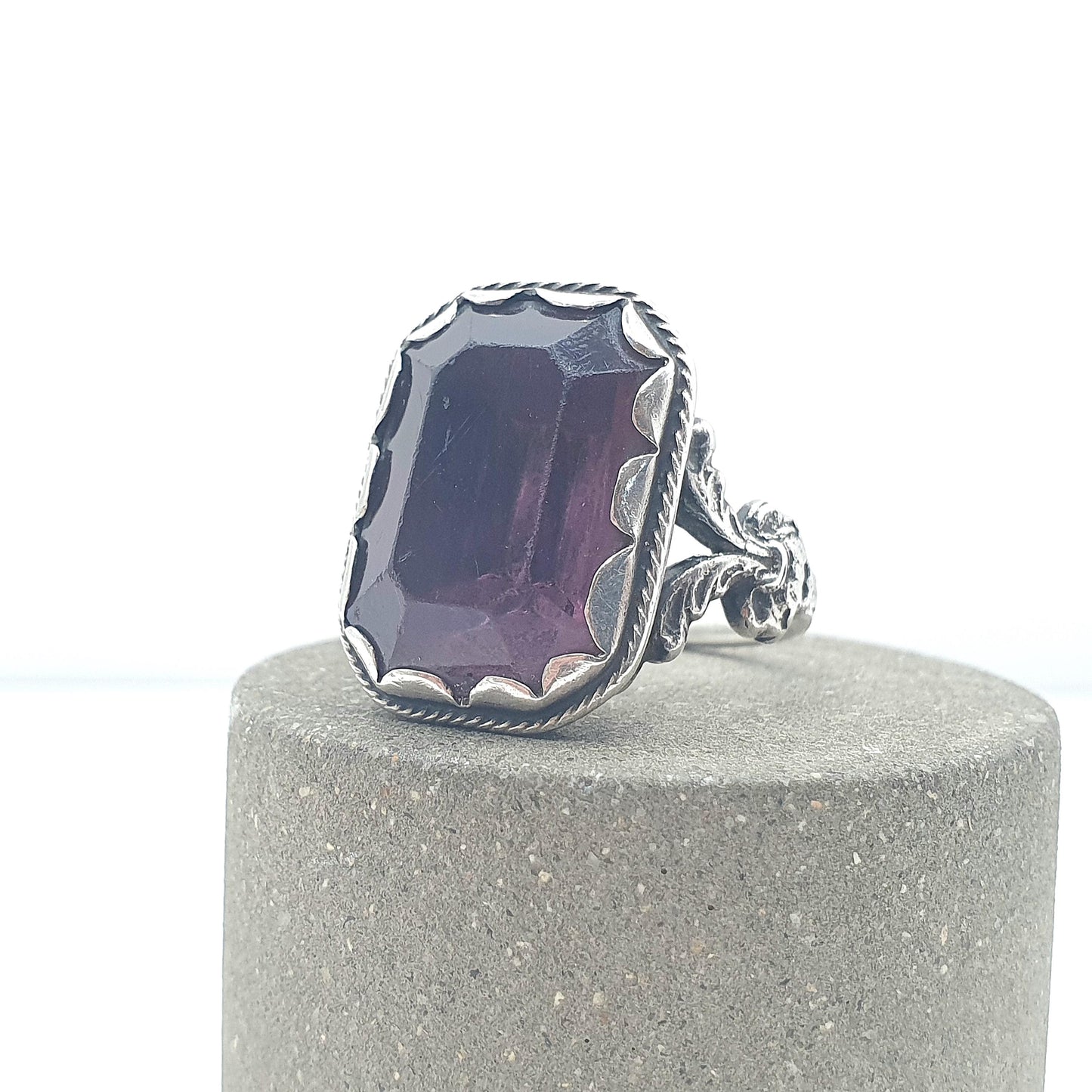 Antique Victorian Amethyst Paste Solid Silver Ring Chunky Rectangular Cut Lilac Purple Glass Womens Jewelry Vintage Jewellery UK O US 7.25