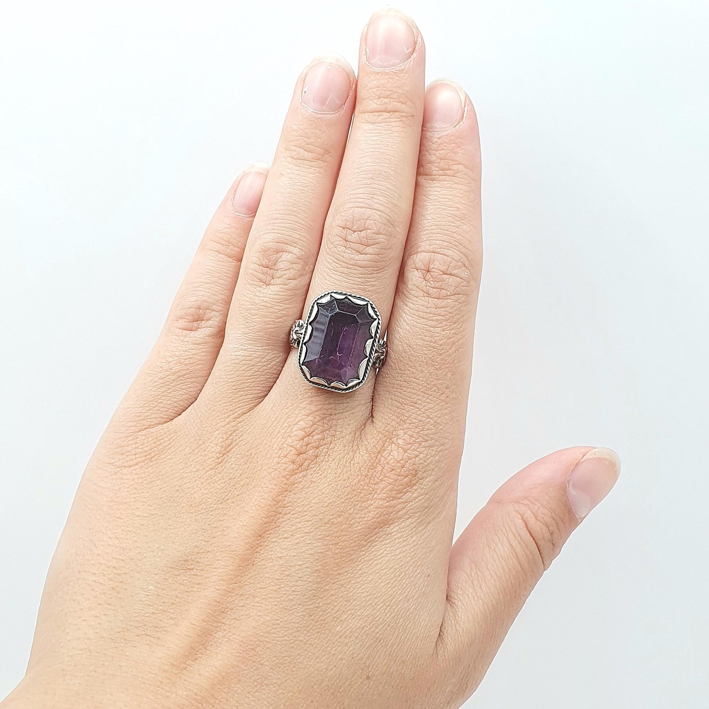 Antique Victorian Amethyst Paste Solid Silver Ring Chunky Rectangular Cut Lilac Purple Glass Womens Jewelry Vintage Jewellery UK O US 7.25