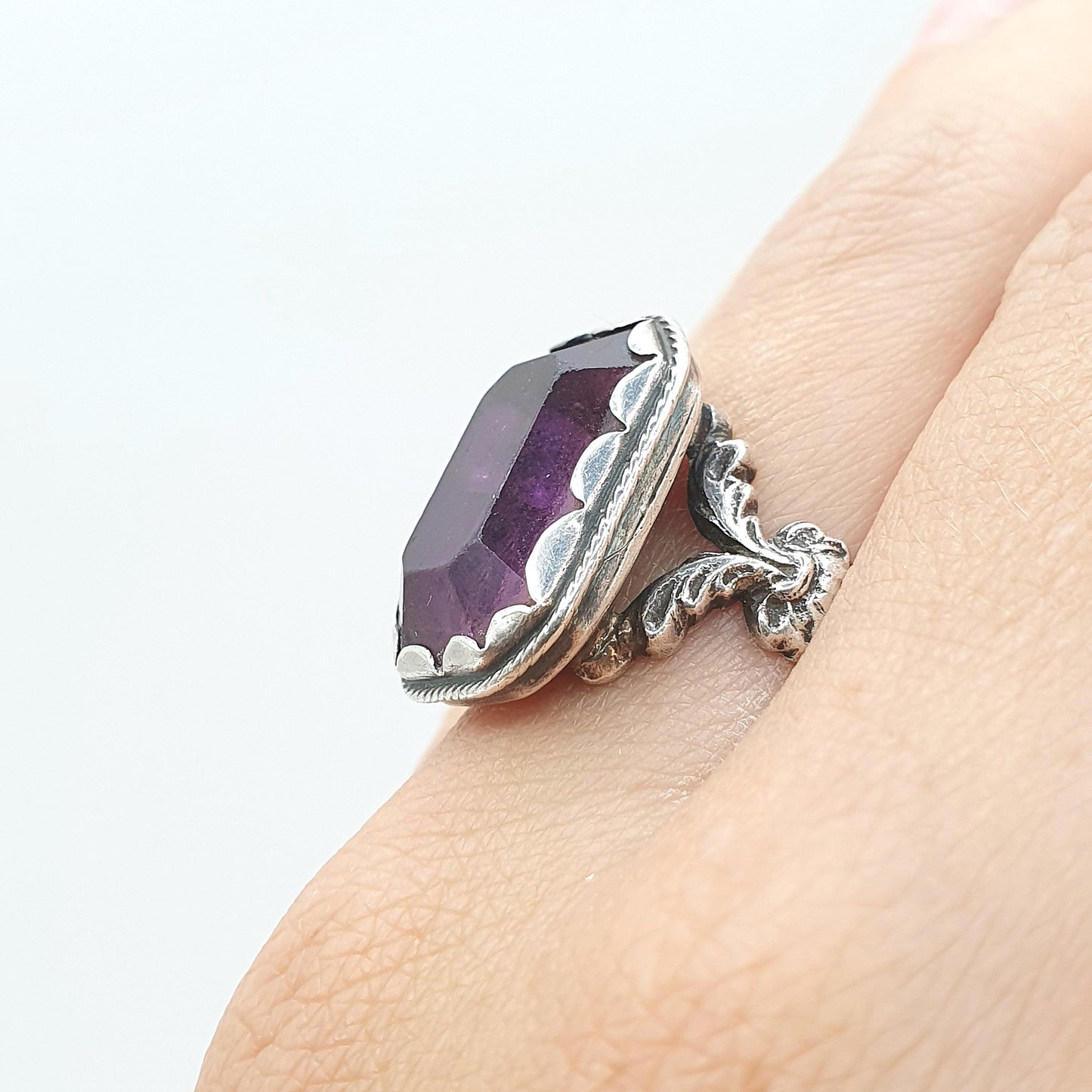 Antique Victorian Amethyst Paste Solid Silver Ring Chunky Rectangular Cut Lilac Purple Glass Womens Jewelry Vintage Jewellery UK O US 7.25