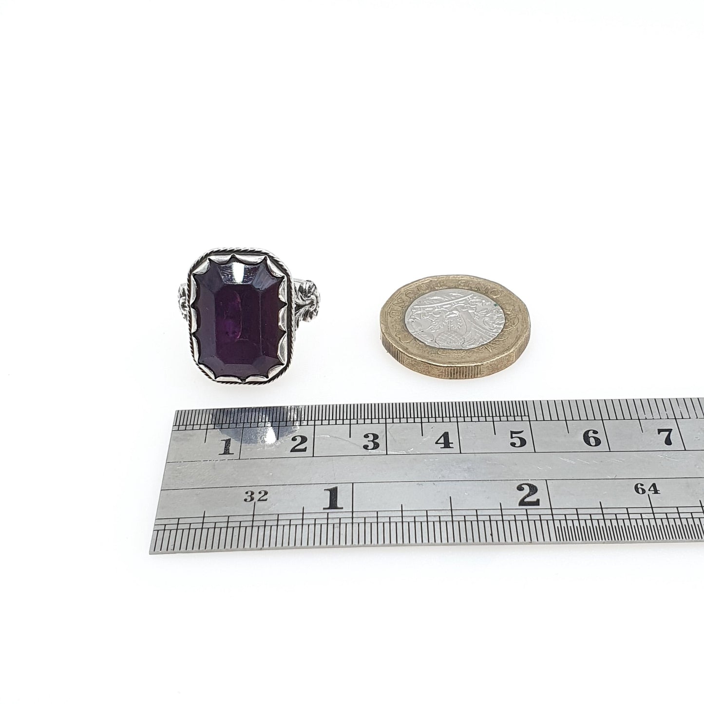 Antique Victorian Amethyst Paste Solid Silver Ring Chunky Rectangular Cut Lilac Purple Glass Womens Jewelry Vintage Jewellery UK O US 7.25
