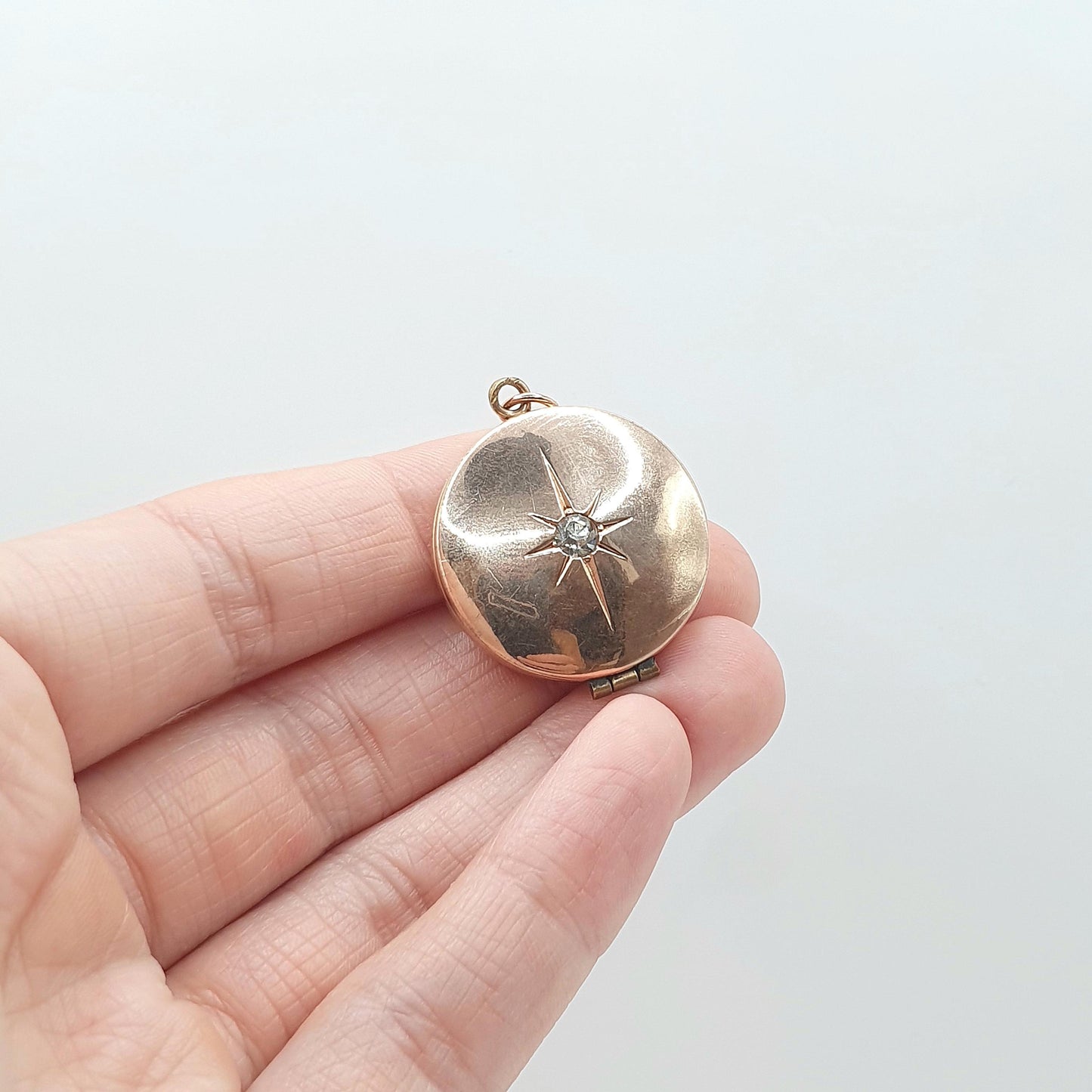 Antique Rose Rolled Gold Diamond Paste Locket Star Centre Celestial Gold Filled Photo Womens Vintage Jewelry Jewellery