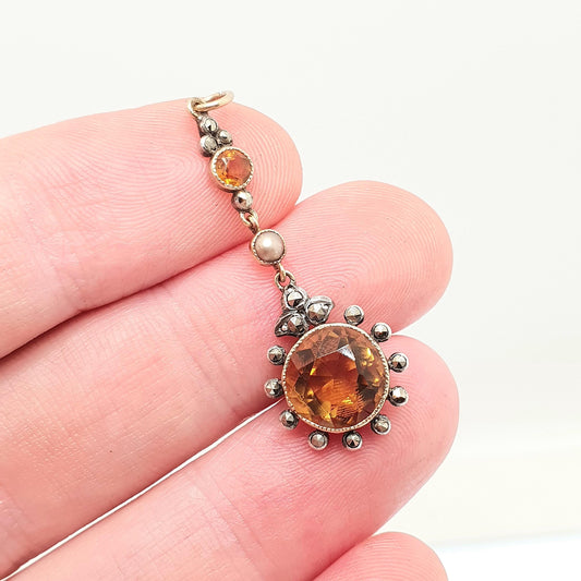 Antique 18ct Gold Natural Citrine Pendant Solid Silver Necklace Marcasite Pearl 18k 18kt Round Cut Quartz Vintage Jewellery Jewelry