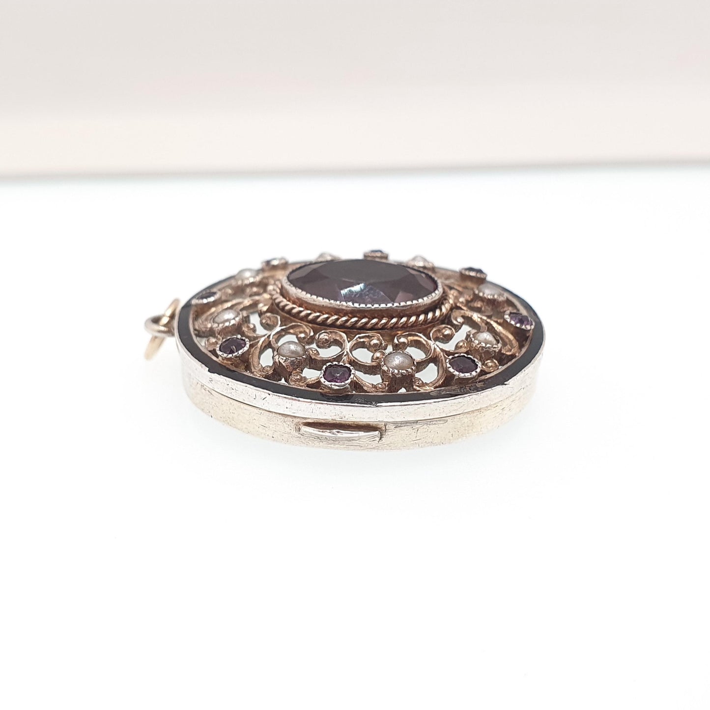 Antique Solid Silver Amethyst Locket Glass Rear Seed Pearl Enamel Pierced Art Nouveau Pendant Necklace Womens Vintage