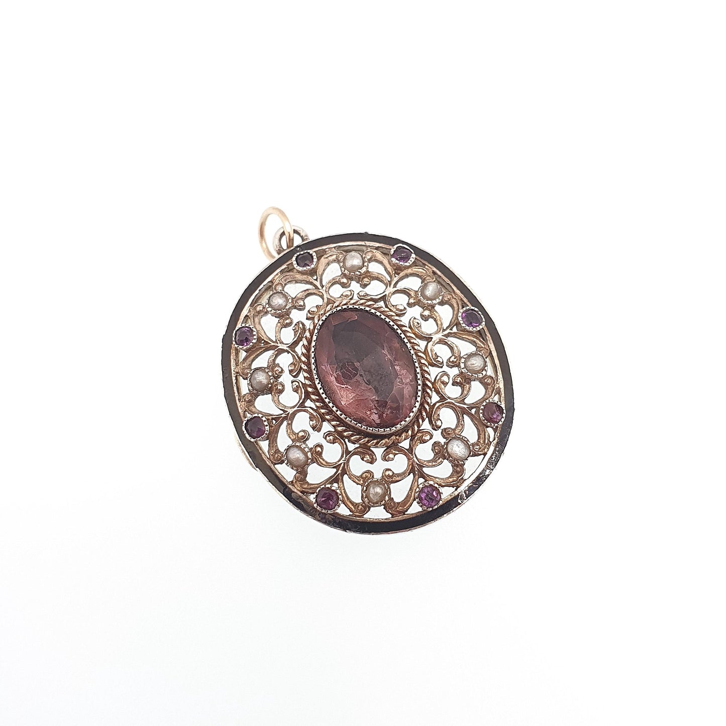 Antique Solid Silver Amethyst Locket Glass Rear Seed Pearl Enamel Pierced Art Nouveau Pendant Necklace Womens Vintage