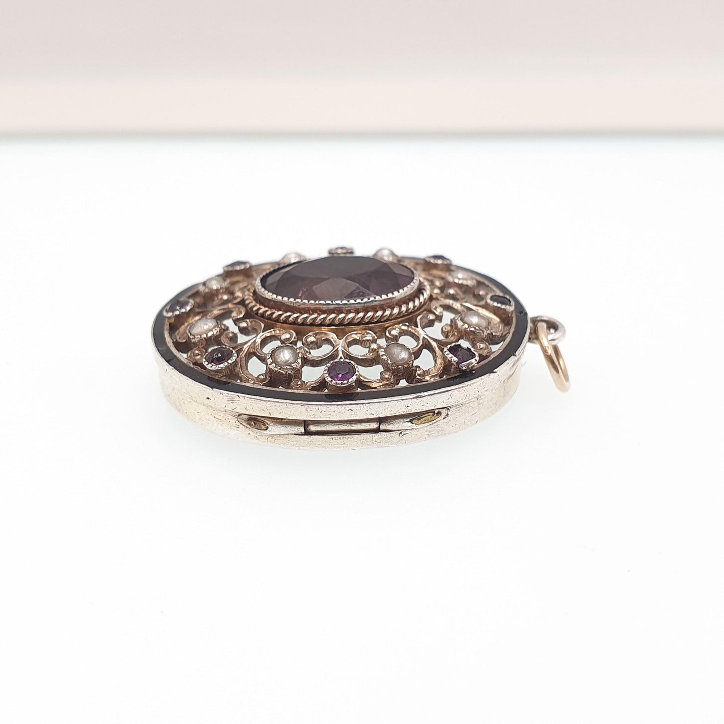 Antique Solid Silver Amethyst Locket Glass Rear Seed Pearl Enamel Pierced Art Nouveau Pendant Necklace Womens Vintage