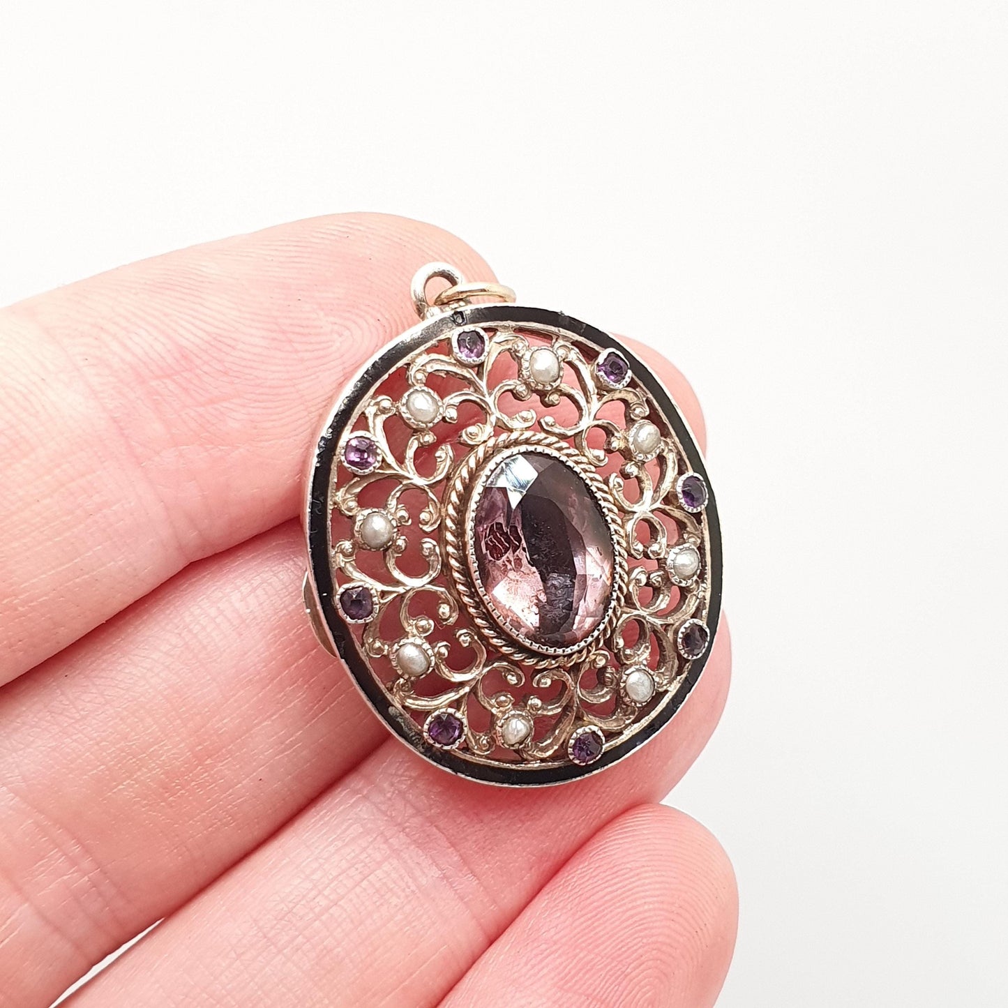 Antique Solid Silver Amethyst Locket Glass Rear Seed Pearl Enamel Pierced Art Nouveau Pendant Necklace Womens Vintage