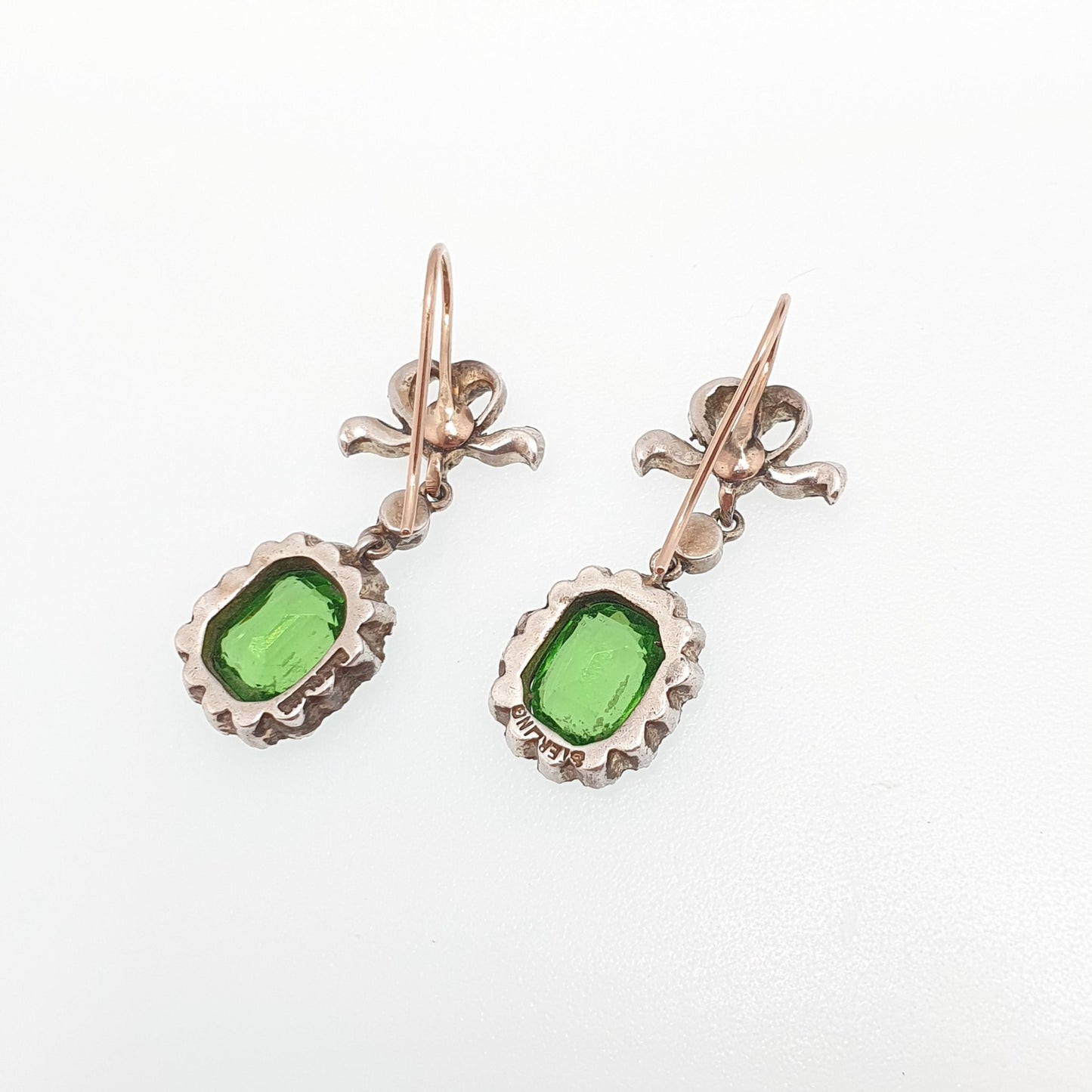 Antique Victorian 9ct Gold Peridot & Diamond Paste Earrings Bow Sterling Silver Hook Dangling Drop Chandelier Vintage Jewelry Jewellery