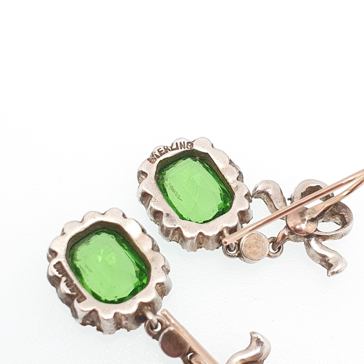Antique Victorian 9ct Gold Peridot & Diamond Paste Earrings Bow Sterling Silver Hook Dangling Drop Chandelier Vintage Jewelry Jewellery
