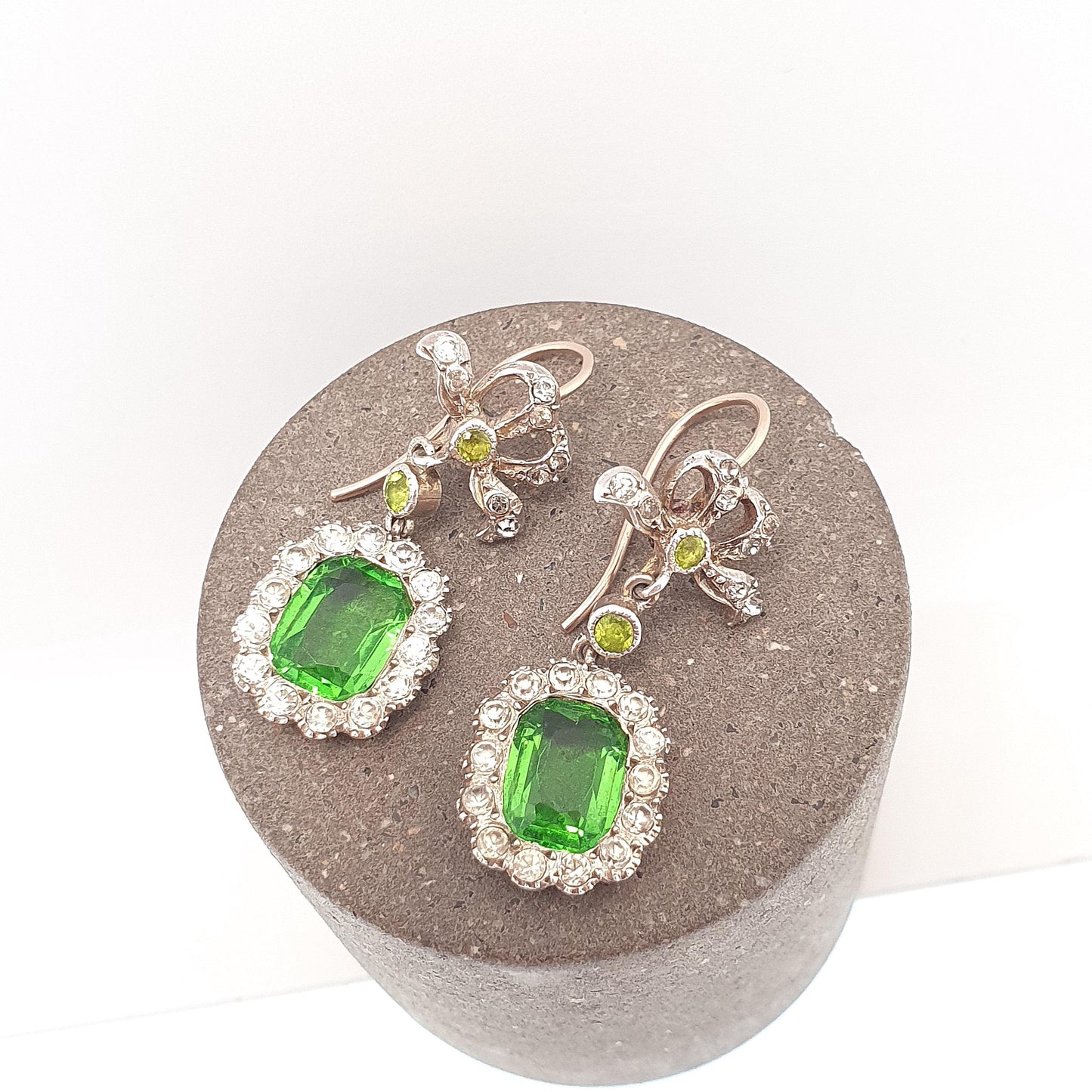 Antique Victorian 9ct Gold Peridot & Diamond Paste Earrings Bow Sterling Silver Hook Dangling Drop Chandelier Vintage Jewelry Jewellery
