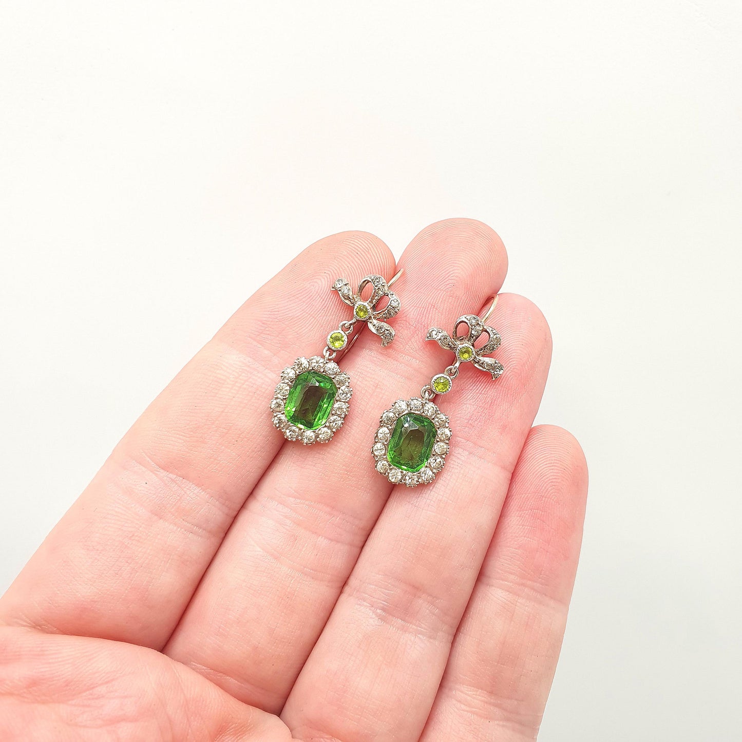 Antique Victorian 9ct Gold Peridot & Diamond Paste Earrings Bow Sterling Silver Hook Dangling Drop Chandelier Vintage Jewelry Jewellery
