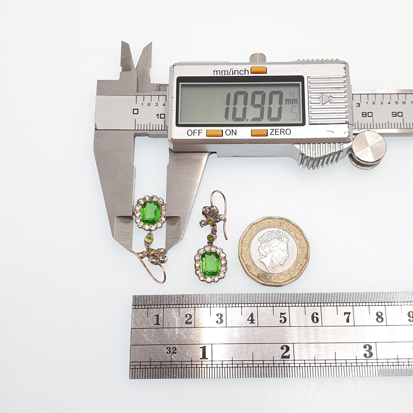 Antique Victorian 9ct Gold Peridot & Diamond Paste Earrings Bow Sterling Silver Hook Dangling Drop Chandelier Vintage Jewelry Jewellery