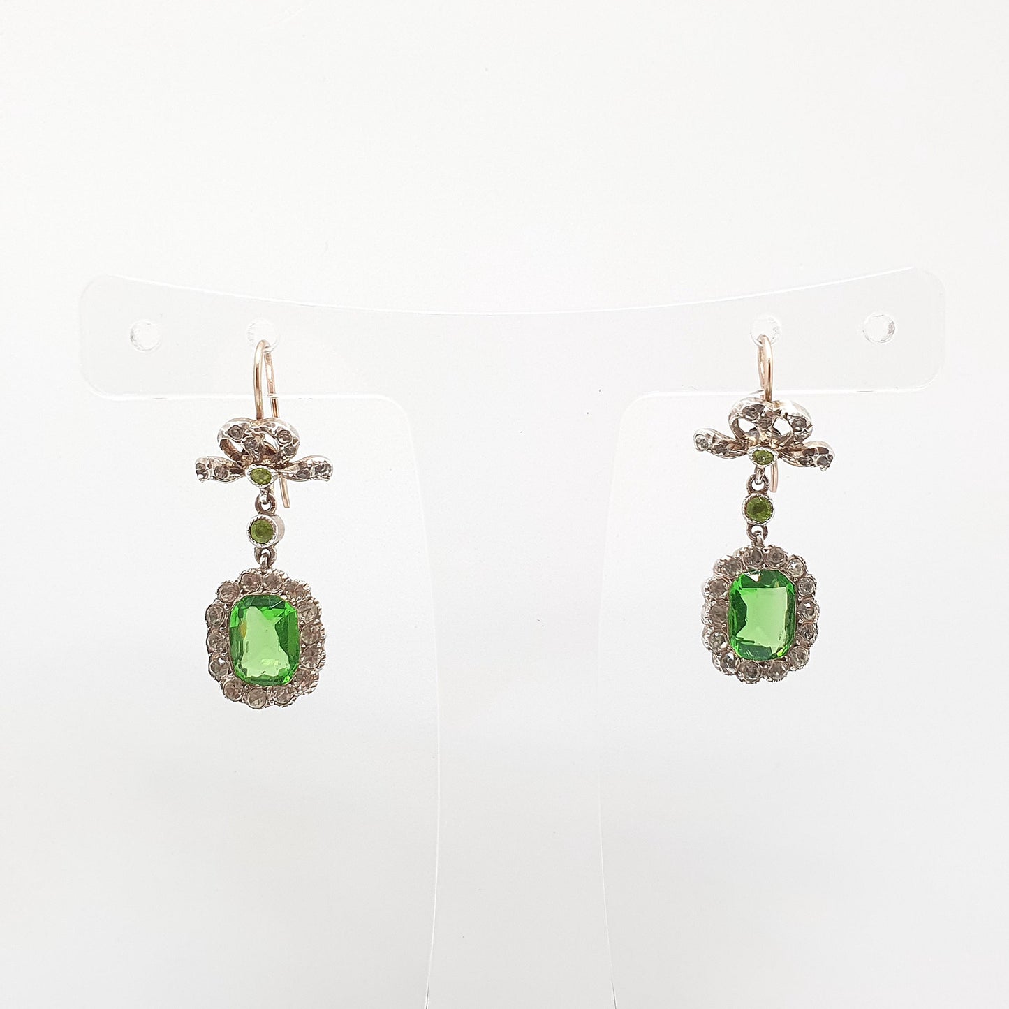 Antique Victorian 9ct Gold Peridot & Diamond Paste Earrings Bow Sterling Silver Hook Dangling Drop Chandelier Vintage Jewelry Jewellery
