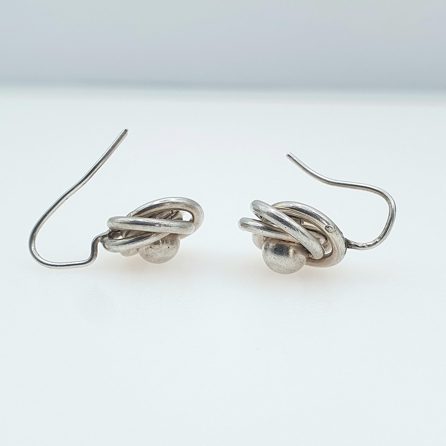 Antique Victorian Solid Silver Knot Earrings Hook Etruscan Revival Bead Centre Womens Vintage Mens Jewelry Jewellery