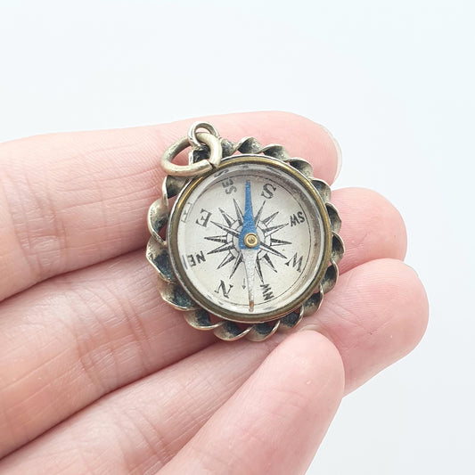 Antique Victorian Compass Fob Pendant Charm Silver Tone Base Metal Hand Engraved Jewelry Jewellery Womens Mens Nautical