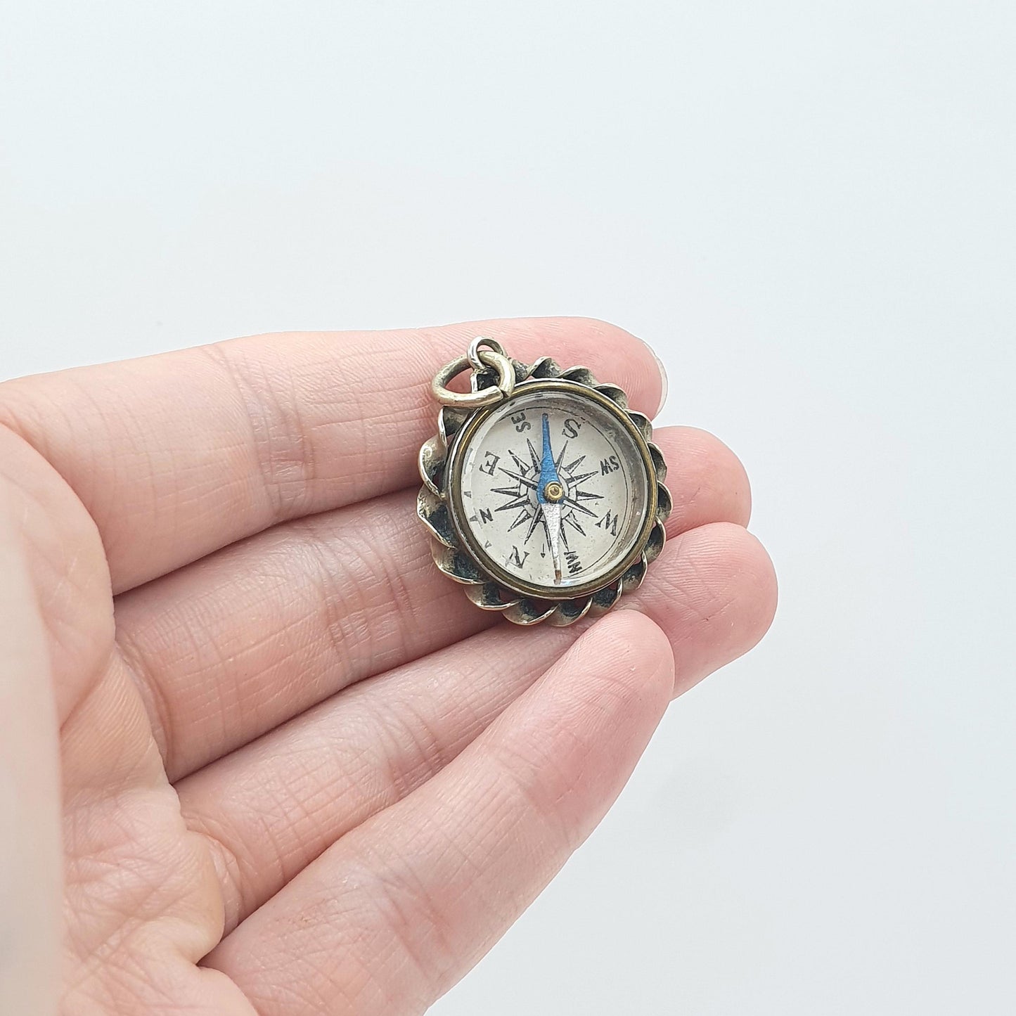 Antique Victorian Compass Fob Pendant Charm Silver Tone Base Metal Hand Engraved Jewelry Jewellery Womens Mens Nautical