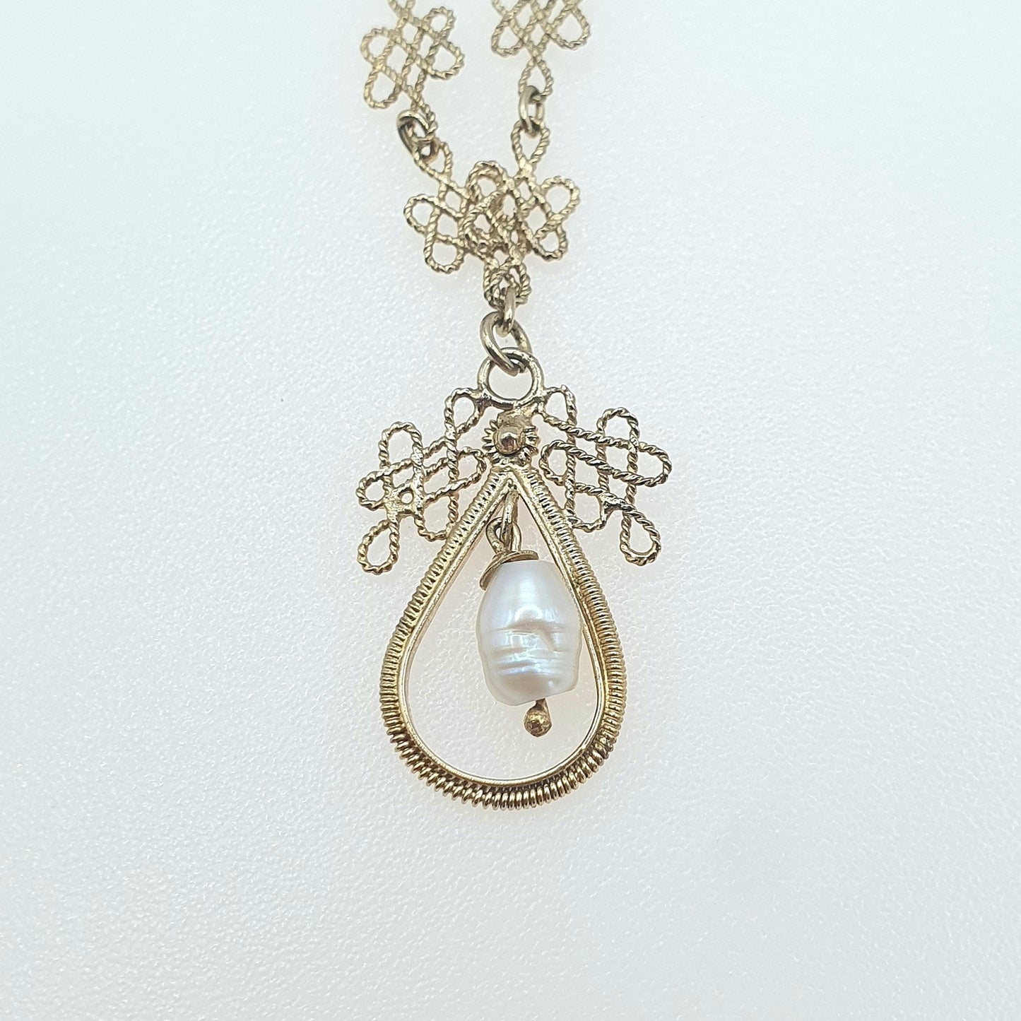 Antique Solid Silver Freshwater Pearl Necklace Gold Vermeil Arts and Crafts Filigree Womens Jewelry Jewellery 46cm 18.1” 4.94g