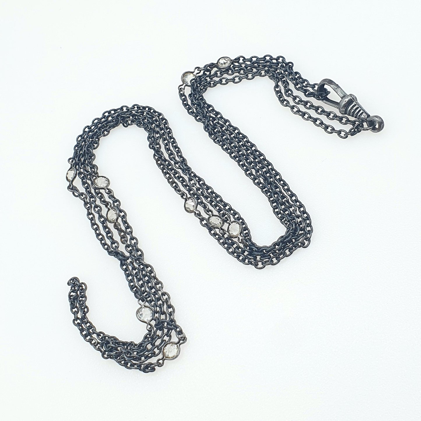 Antique Victorian Gun Metal Diamond Paste Muff Chain Necklace Dog Clip Black Metal Womens Vintage Mens 138cm 54" 12.91g Jewelry Jewellery